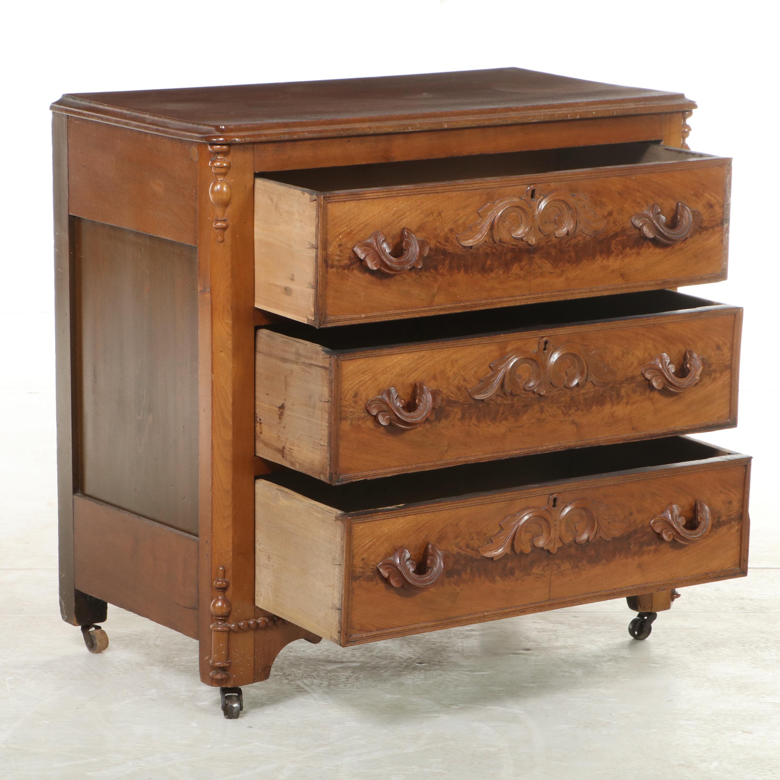 Victorian Walnut, Figured Walnut, and Poplar Three-Drawer Washstand