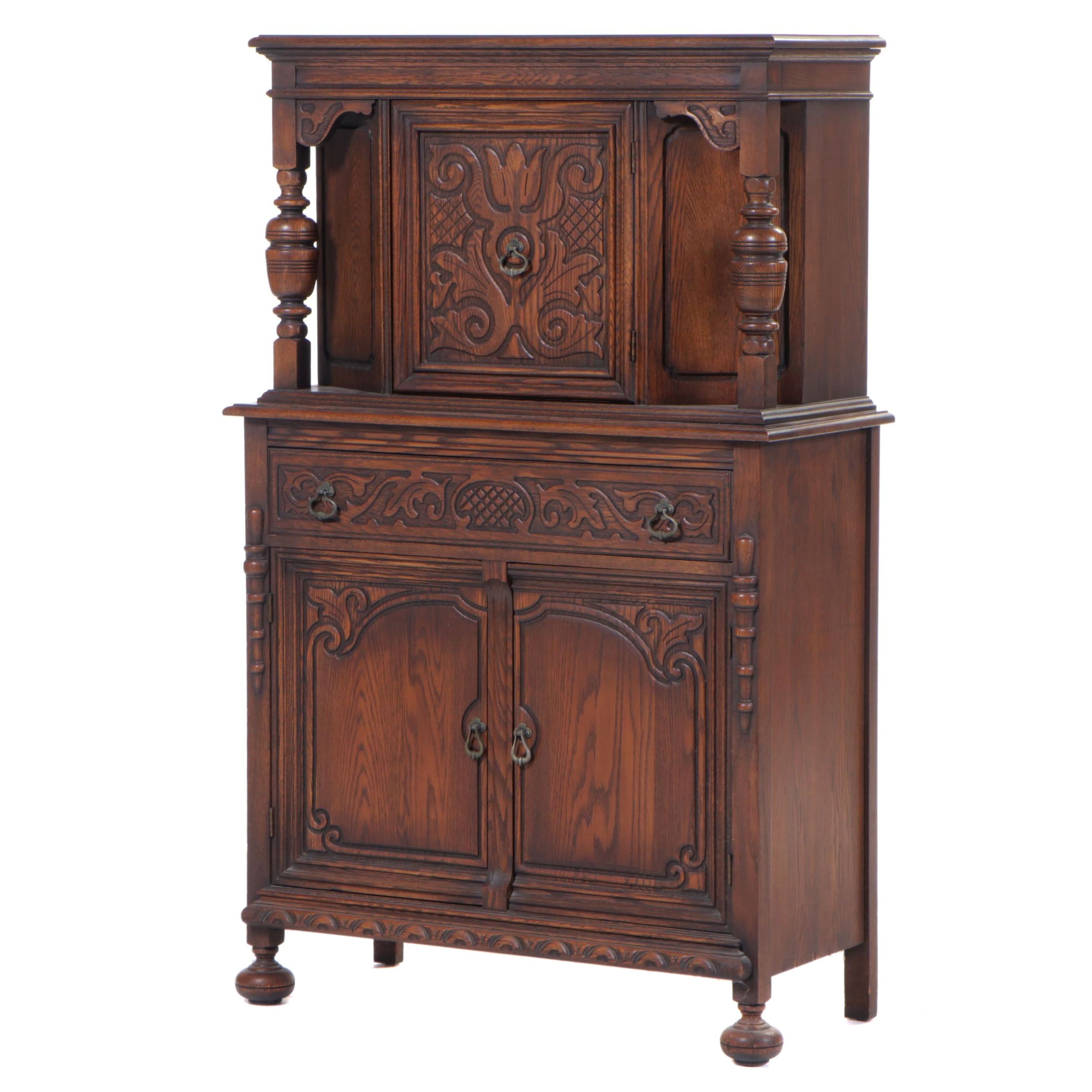 Jacobean Revival Carved Oak China Cabinet, circa 1930