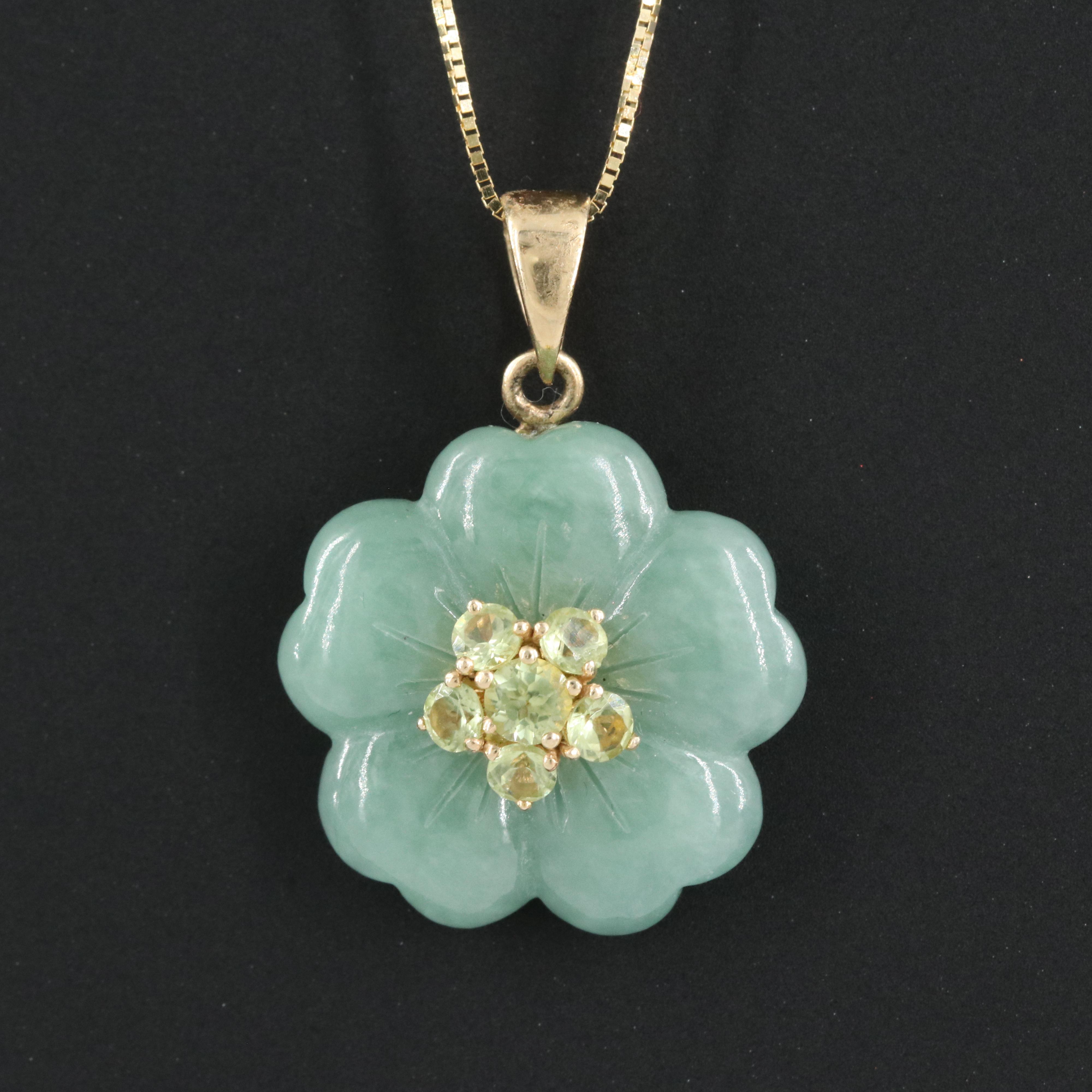 14K Jadeite and Peridot Floral Pendant Necklace