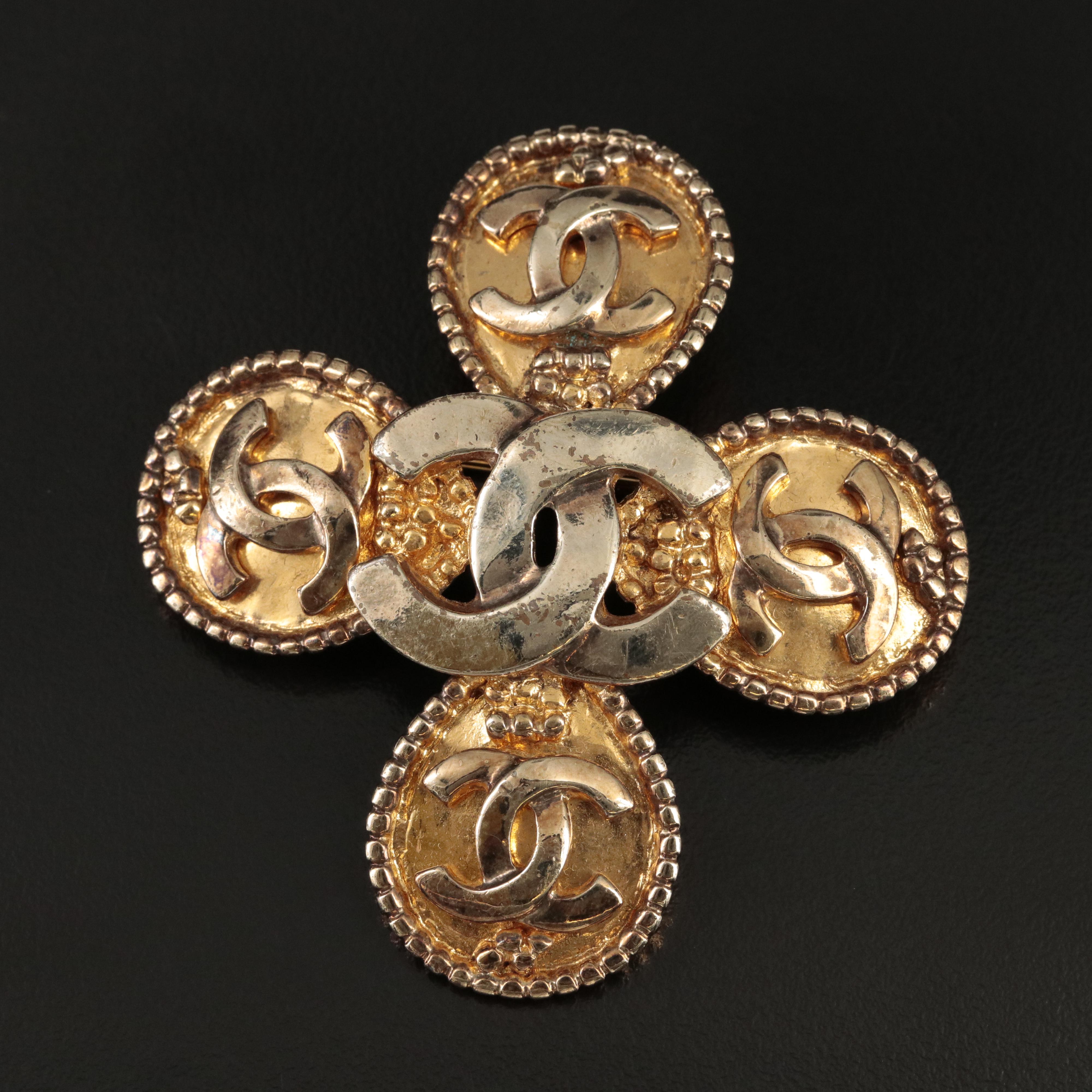 Circa 1996 Chanel Fall Collection Quatrefoil Chanel Logo Brooch