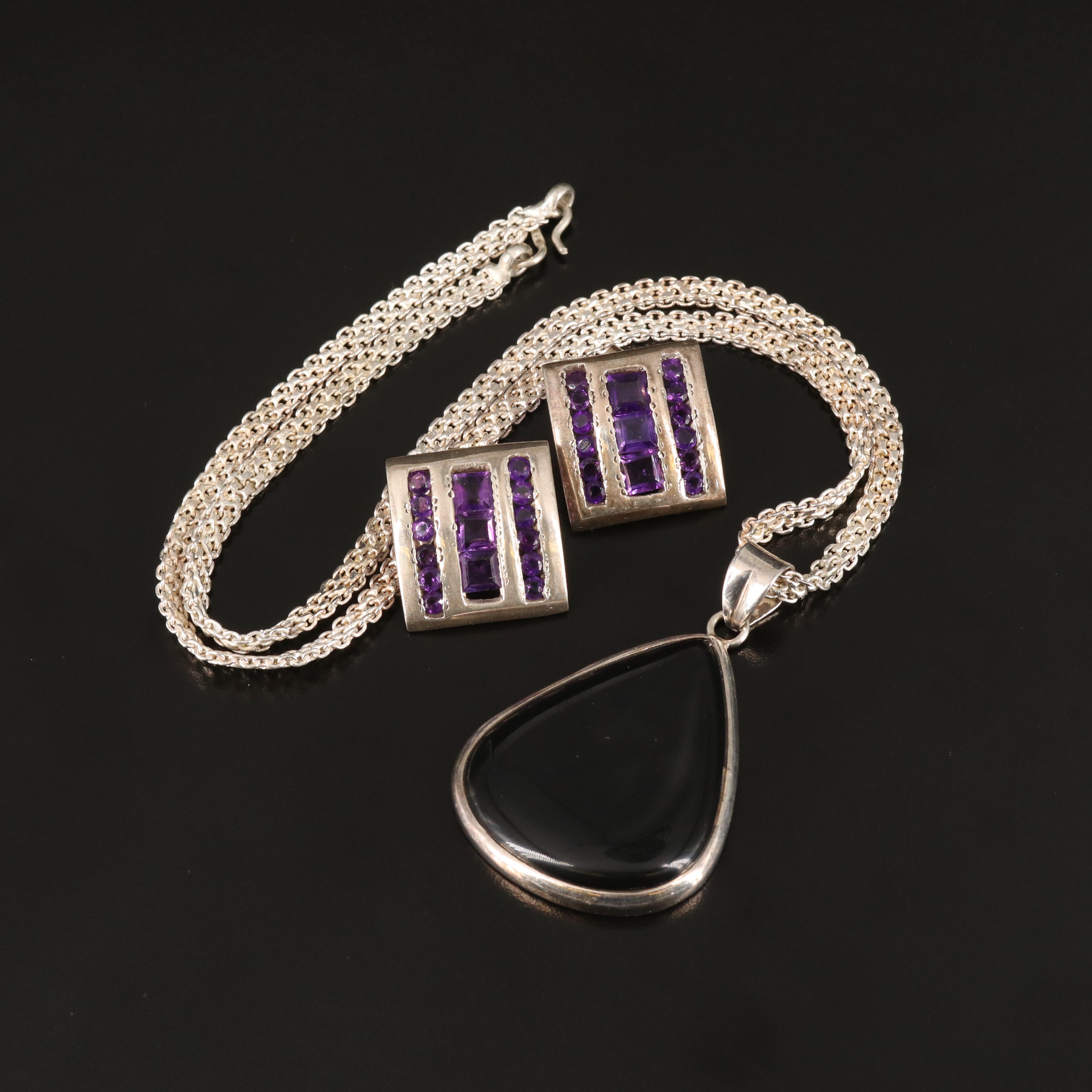 Amethyst Earrings and Black Onyx Pendant Necklace in Sterling