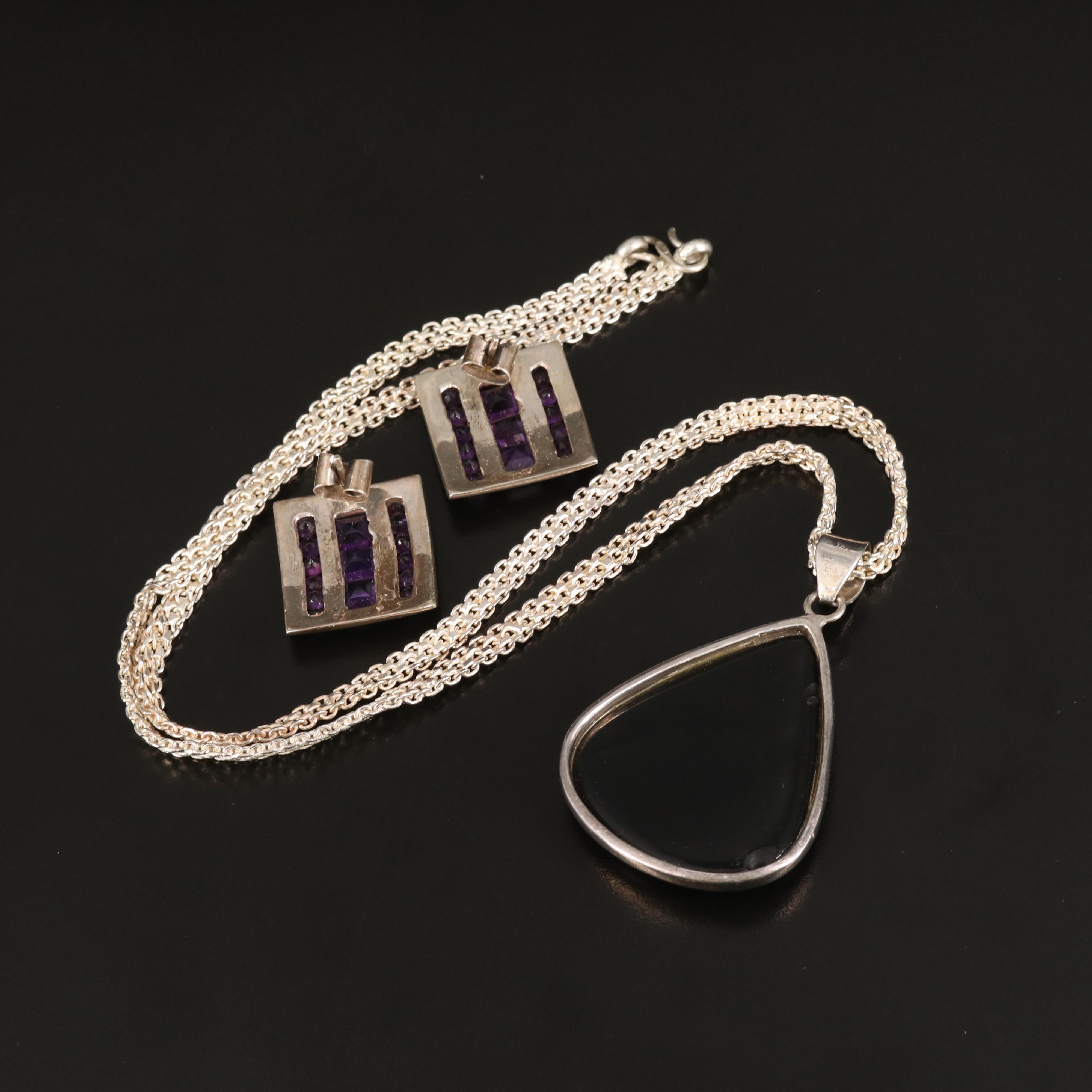 Amethyst Earrings and Black Onyx Pendant Necklace in Sterling