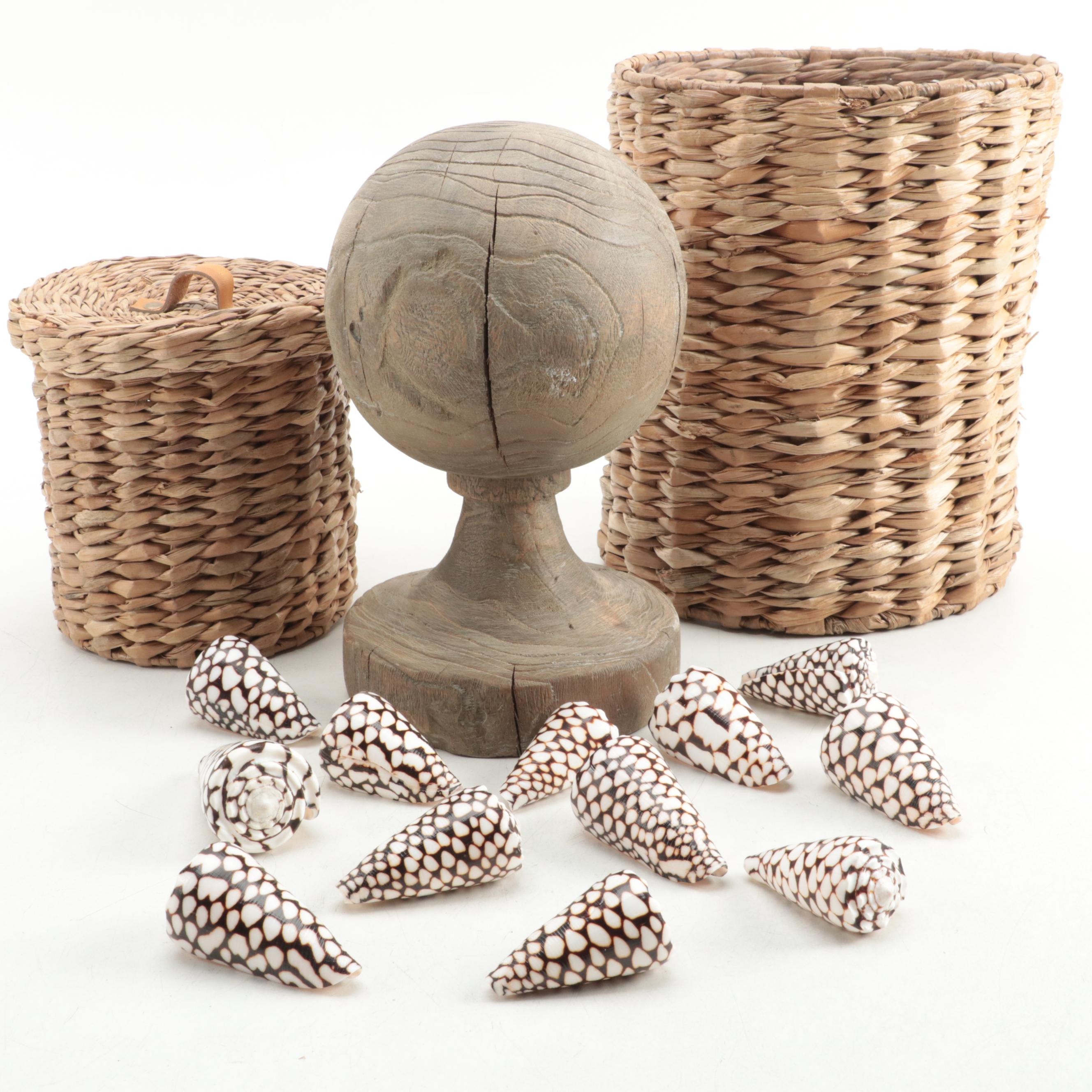 Restoration Hardware Wooden Finial, Marble Cone Seashells and Seagrass Baskets