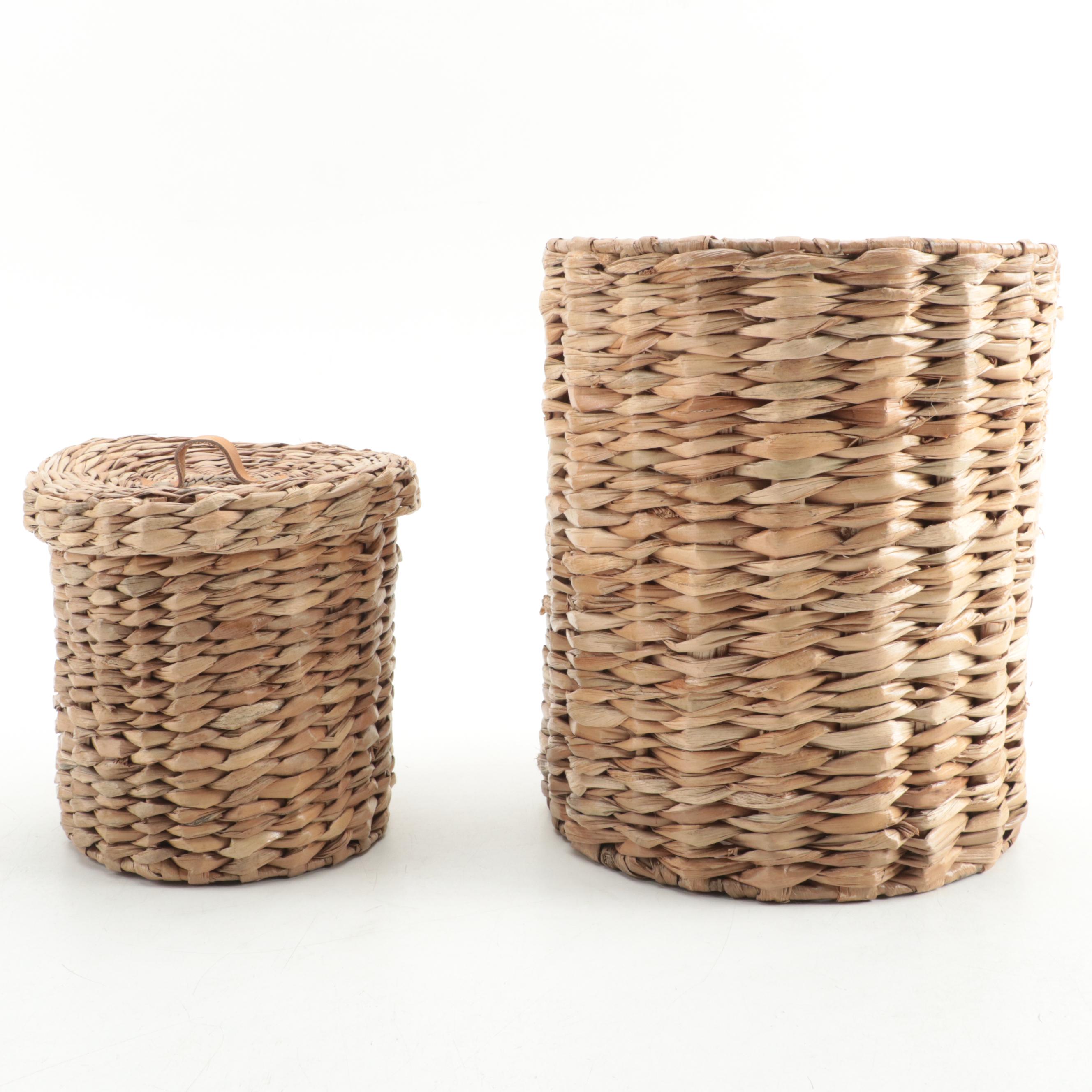 Restoration Hardware Wooden Finial, Marble Cone Seashells and Seagrass Baskets