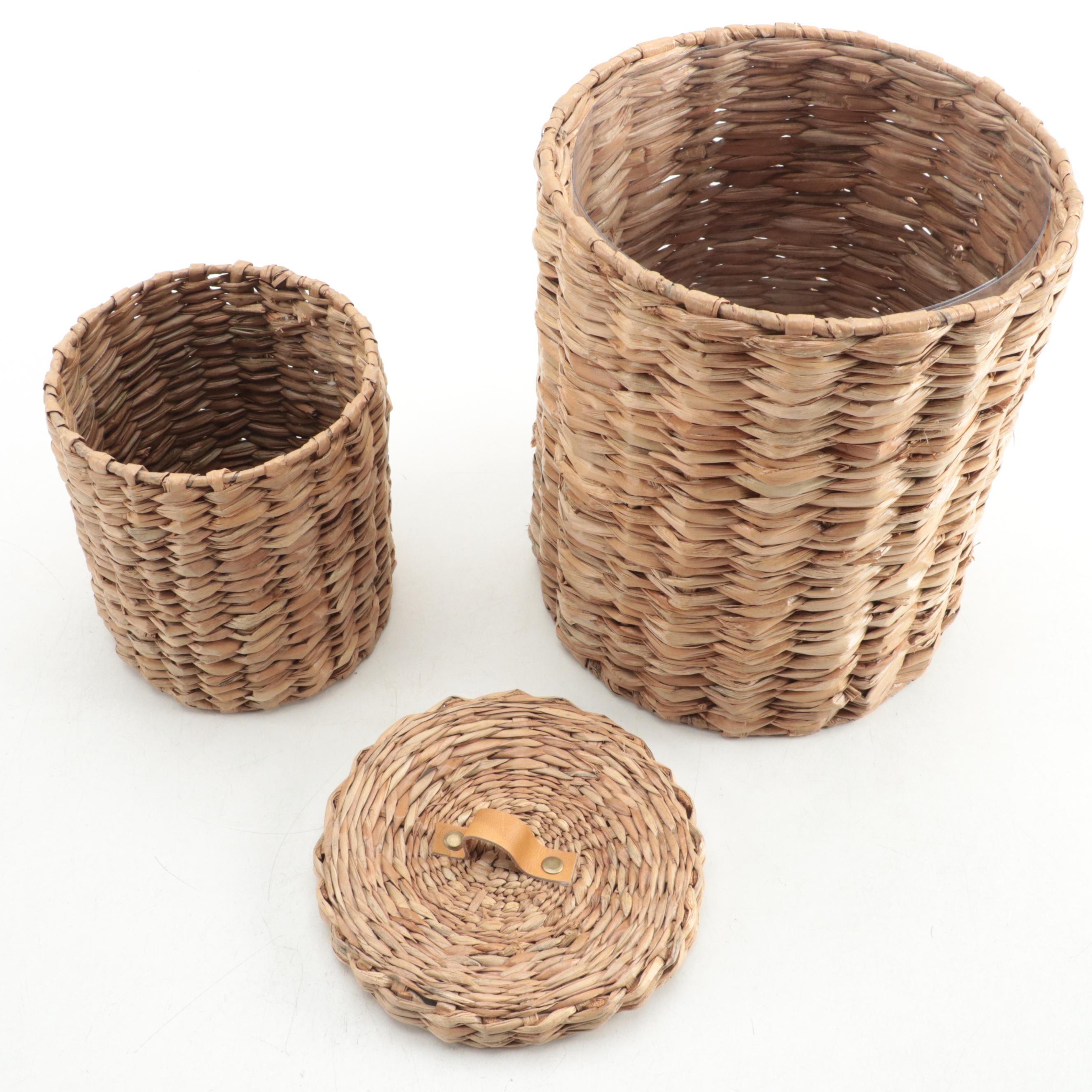 Restoration Hardware Wooden Finial, Marble Cone Seashells and Seagrass Baskets