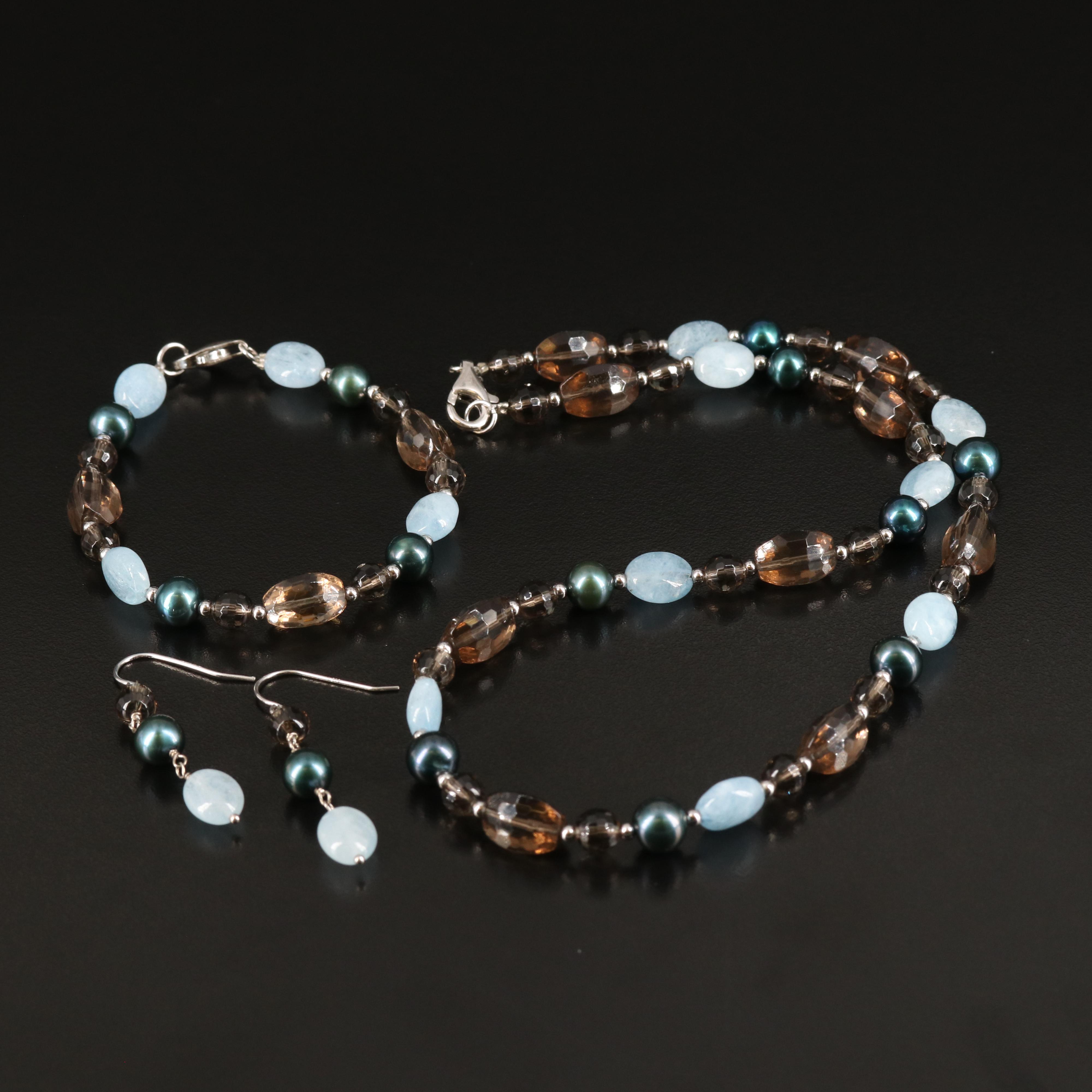 Sterling Aquamarine, Pearl and Smoky Quartz Necklace, Earring and Bracelet Set