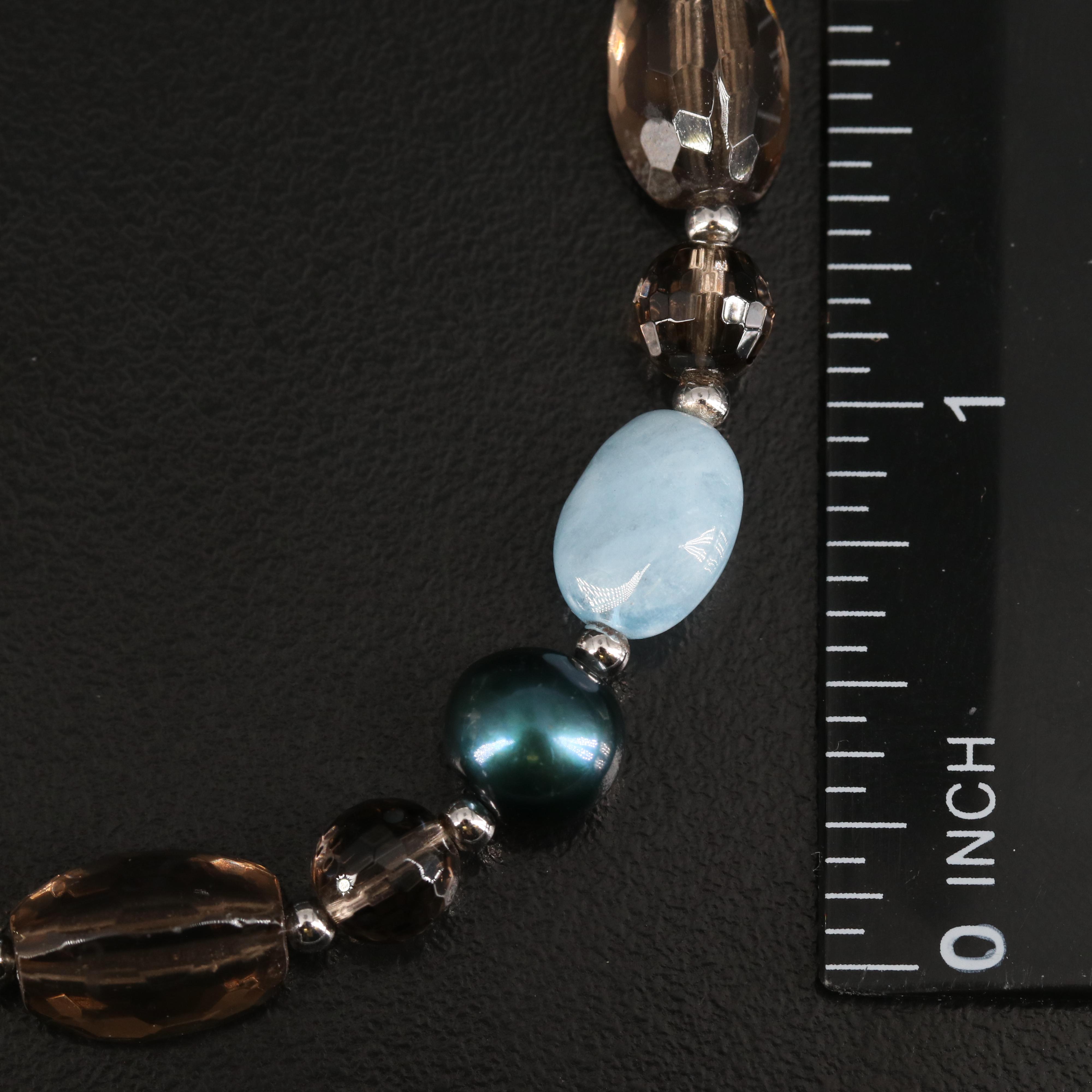 Sterling Aquamarine, Pearl and Smoky Quartz Necklace, Earring and Bracelet Set