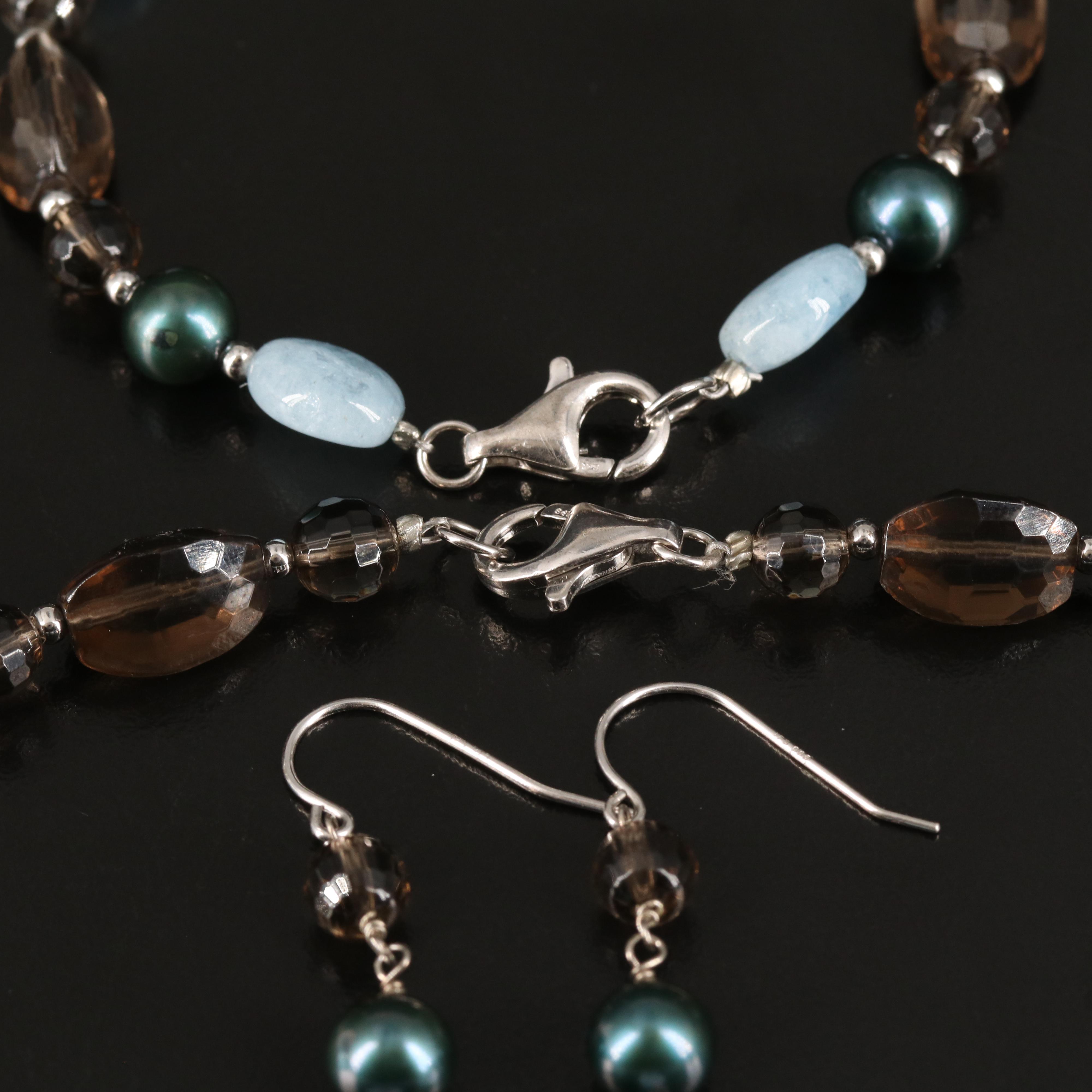 Sterling Aquamarine, Pearl and Smoky Quartz Necklace, Earring and Bracelet Set
