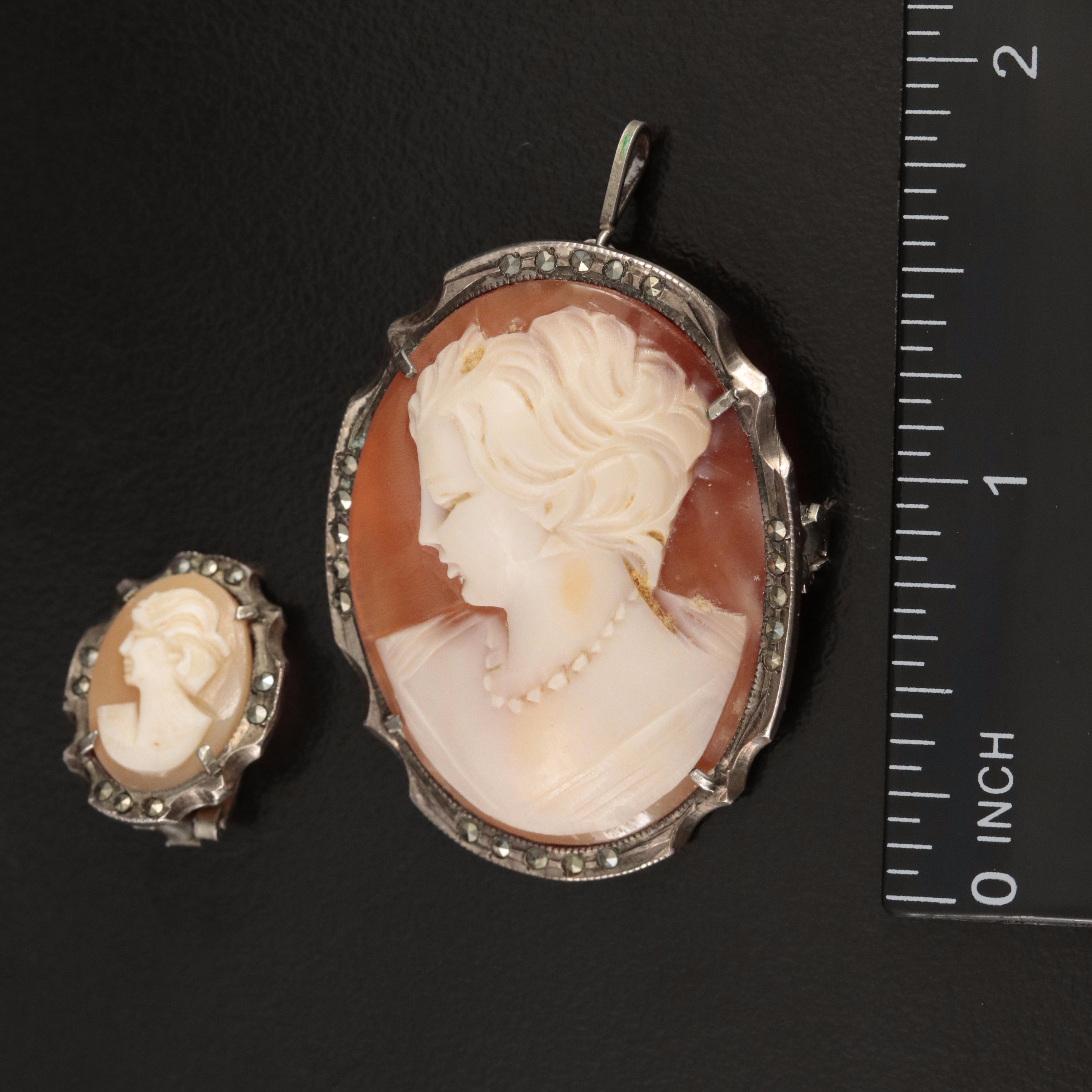 Vintage Shell and Marcasite Cameo Converter Brooch and Earrings