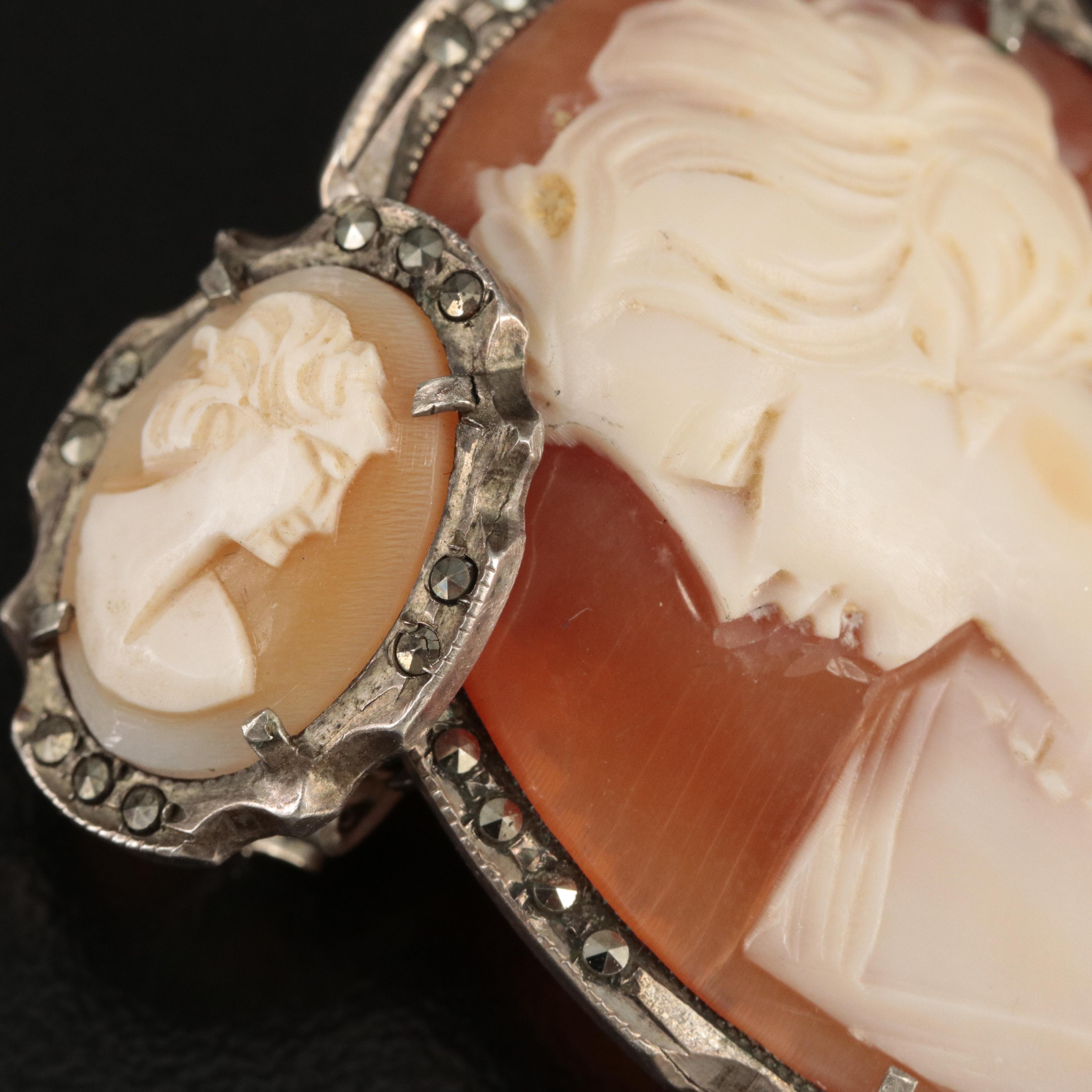 Vintage Shell and Marcasite Cameo Converter Brooch and Earrings