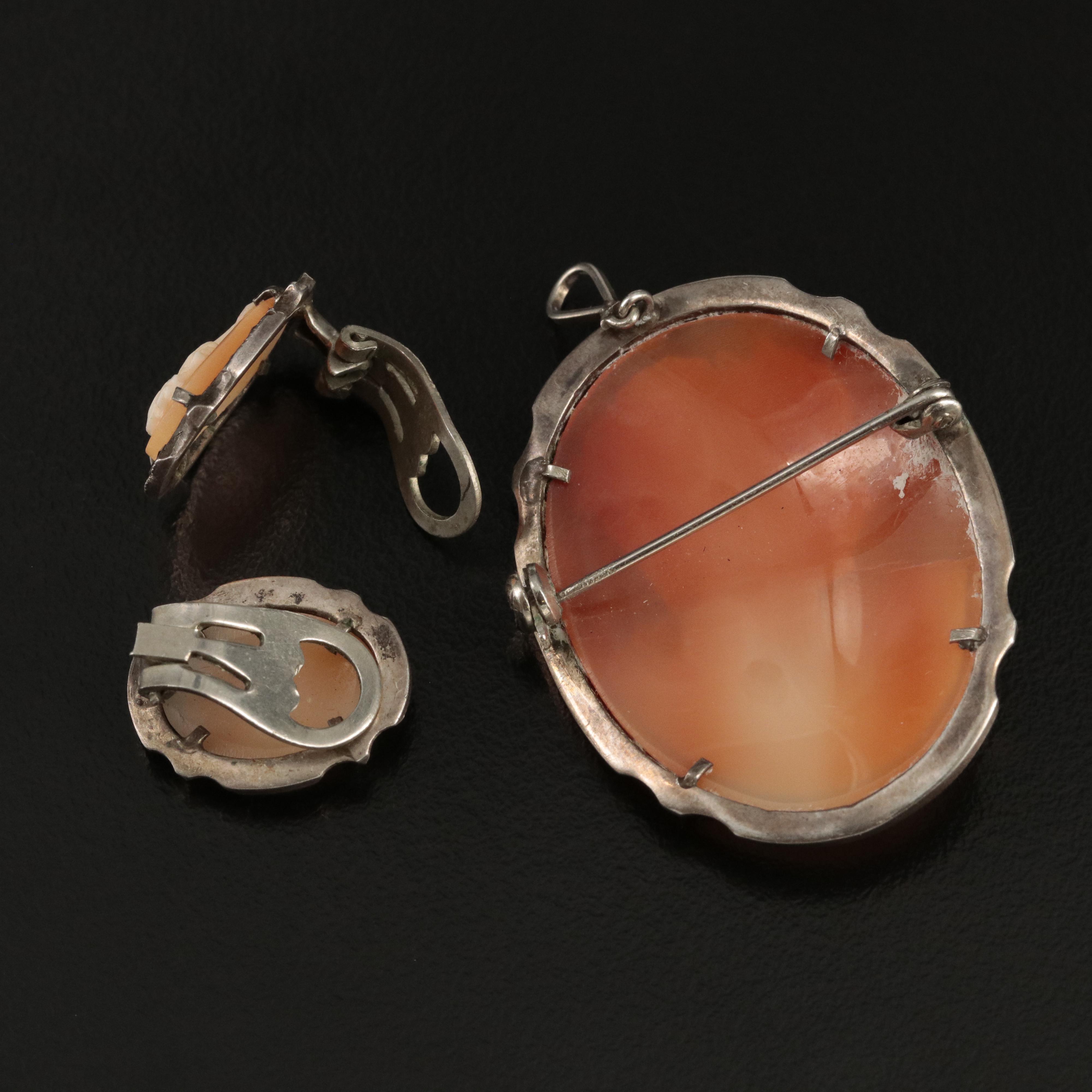 Vintage Shell and Marcasite Cameo Converter Brooch and Earrings