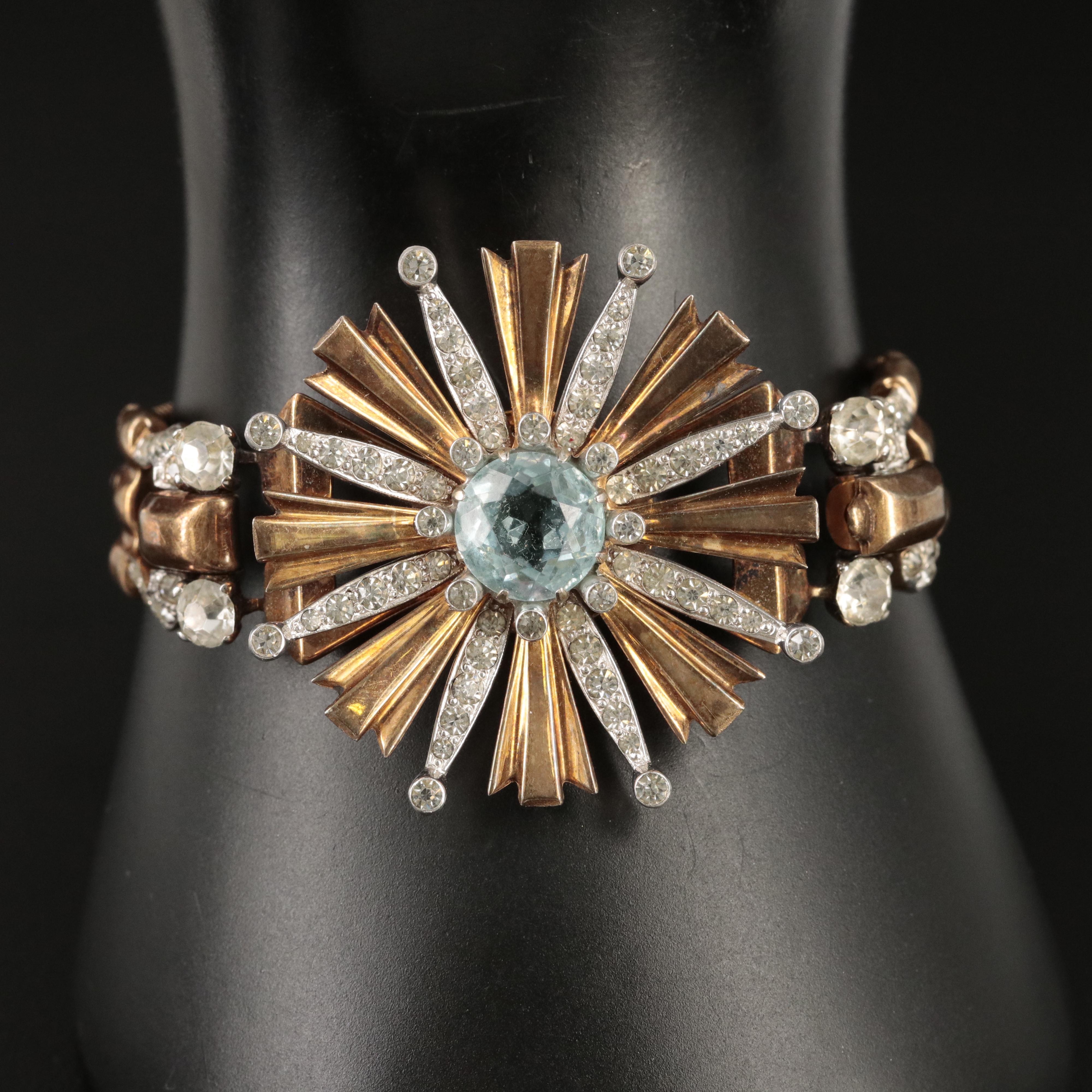 1950s Retro Sterling Rhinestone and Glass Flower Bracelet