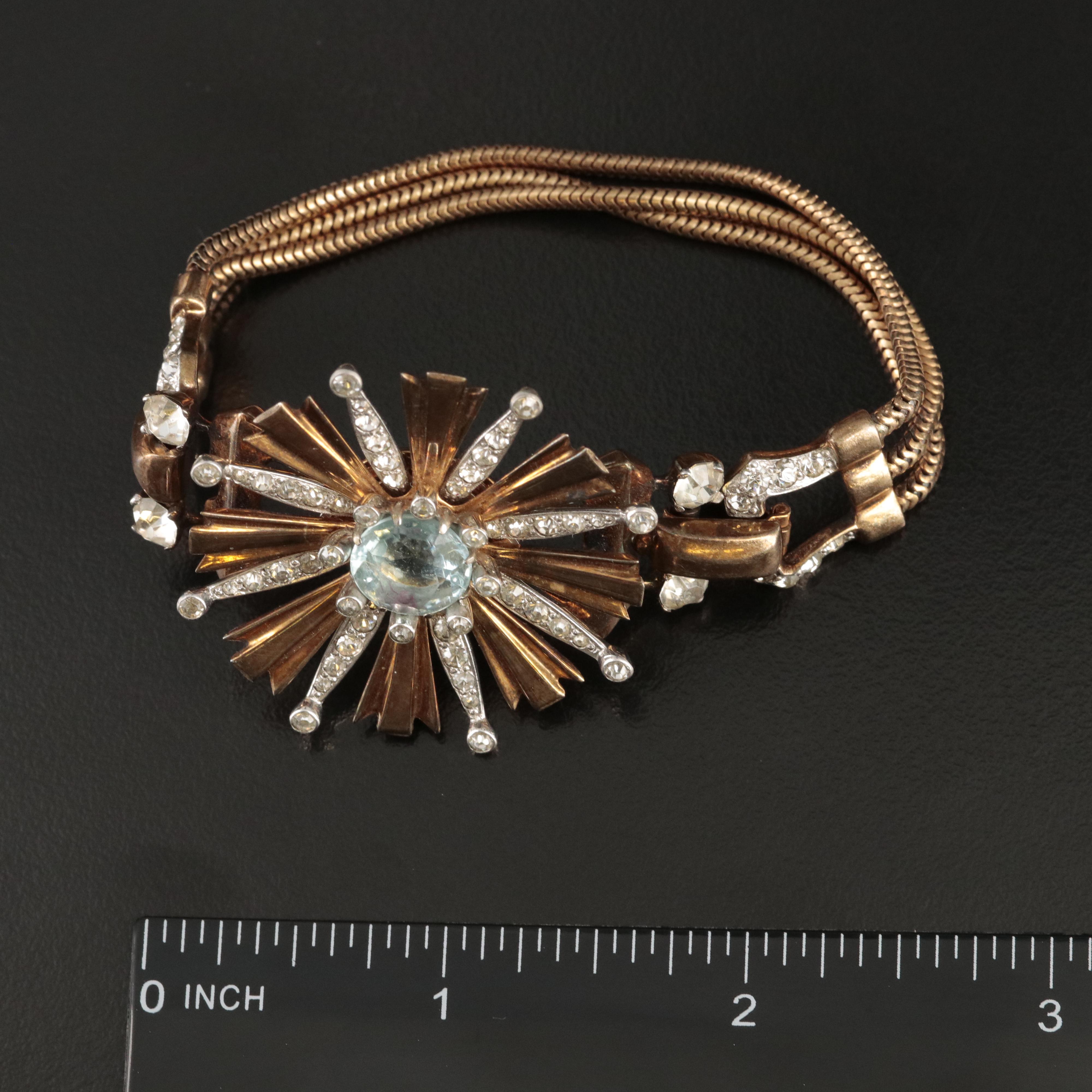 1950s Retro Sterling Rhinestone and Glass Flower Bracelet