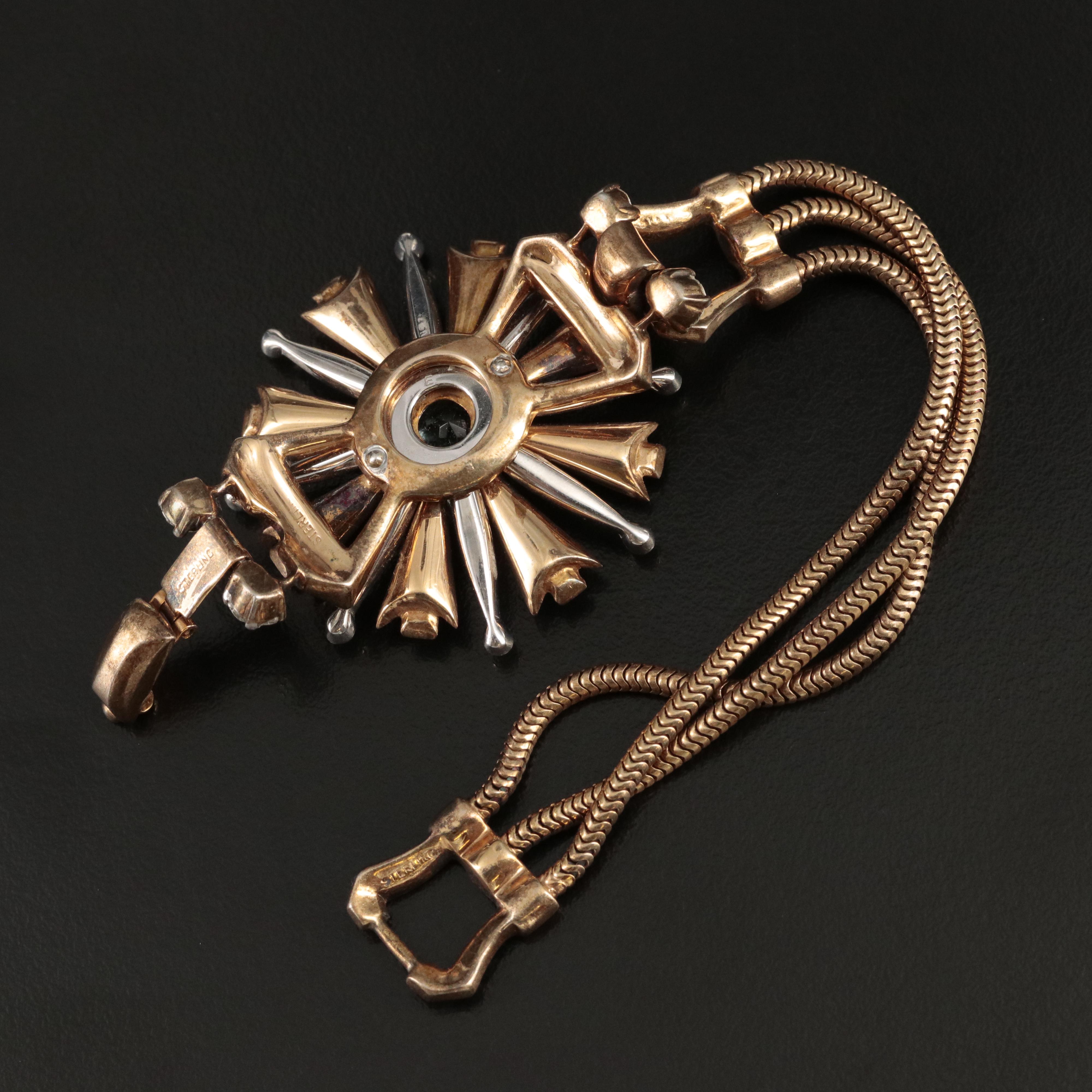 1950s Retro Sterling Rhinestone and Glass Flower Bracelet