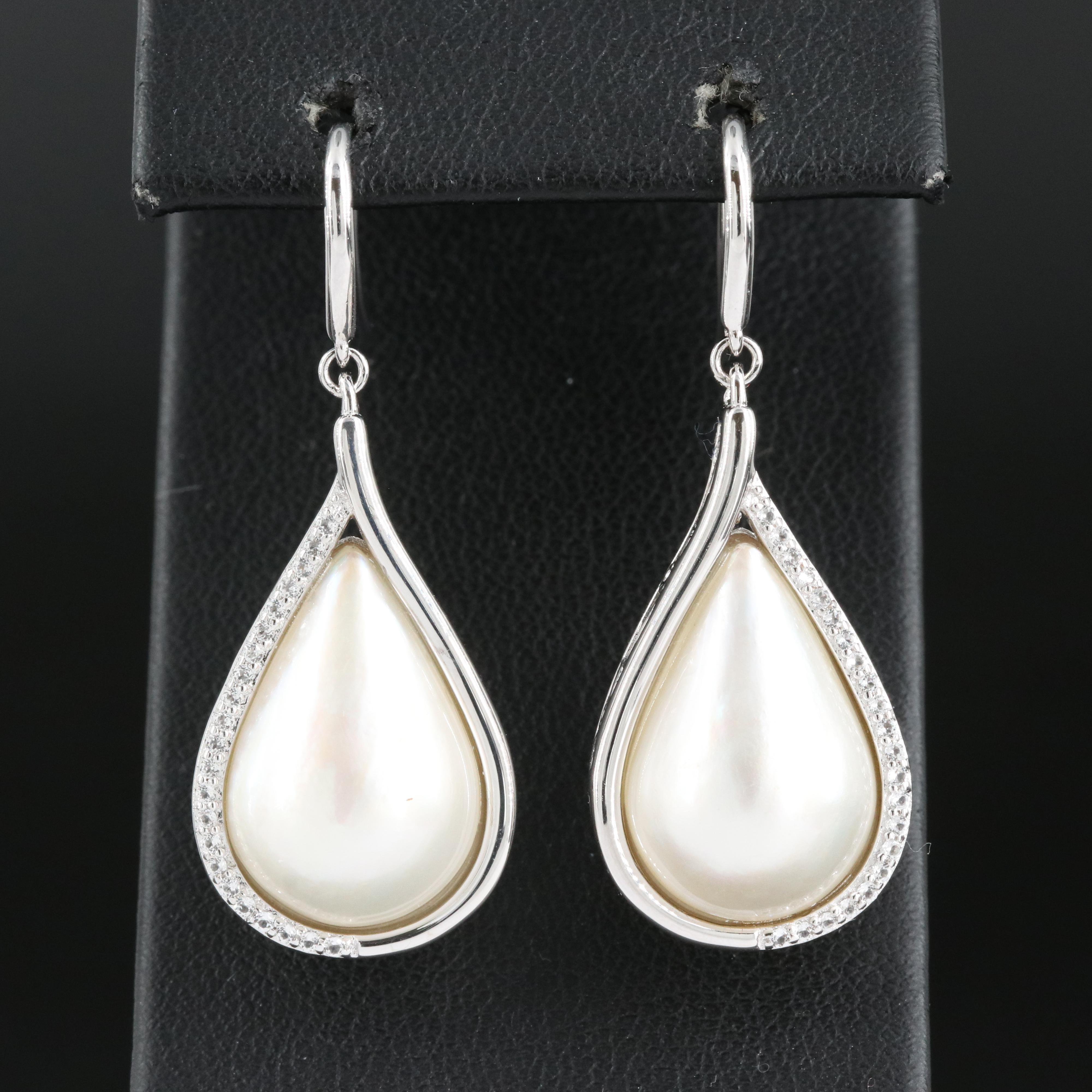 Sterling Faux Pearl and Topaz Drop Earrings