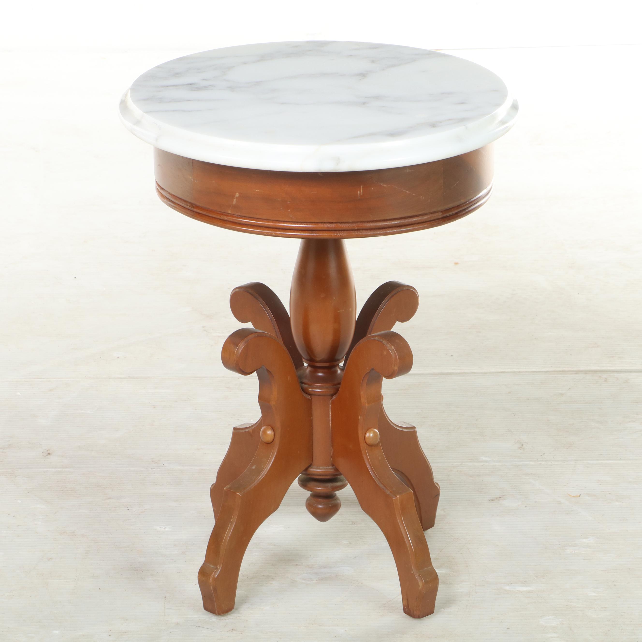 Victorian Style Cherrywood and White Marble Side Table, Mid to Late 20th Century