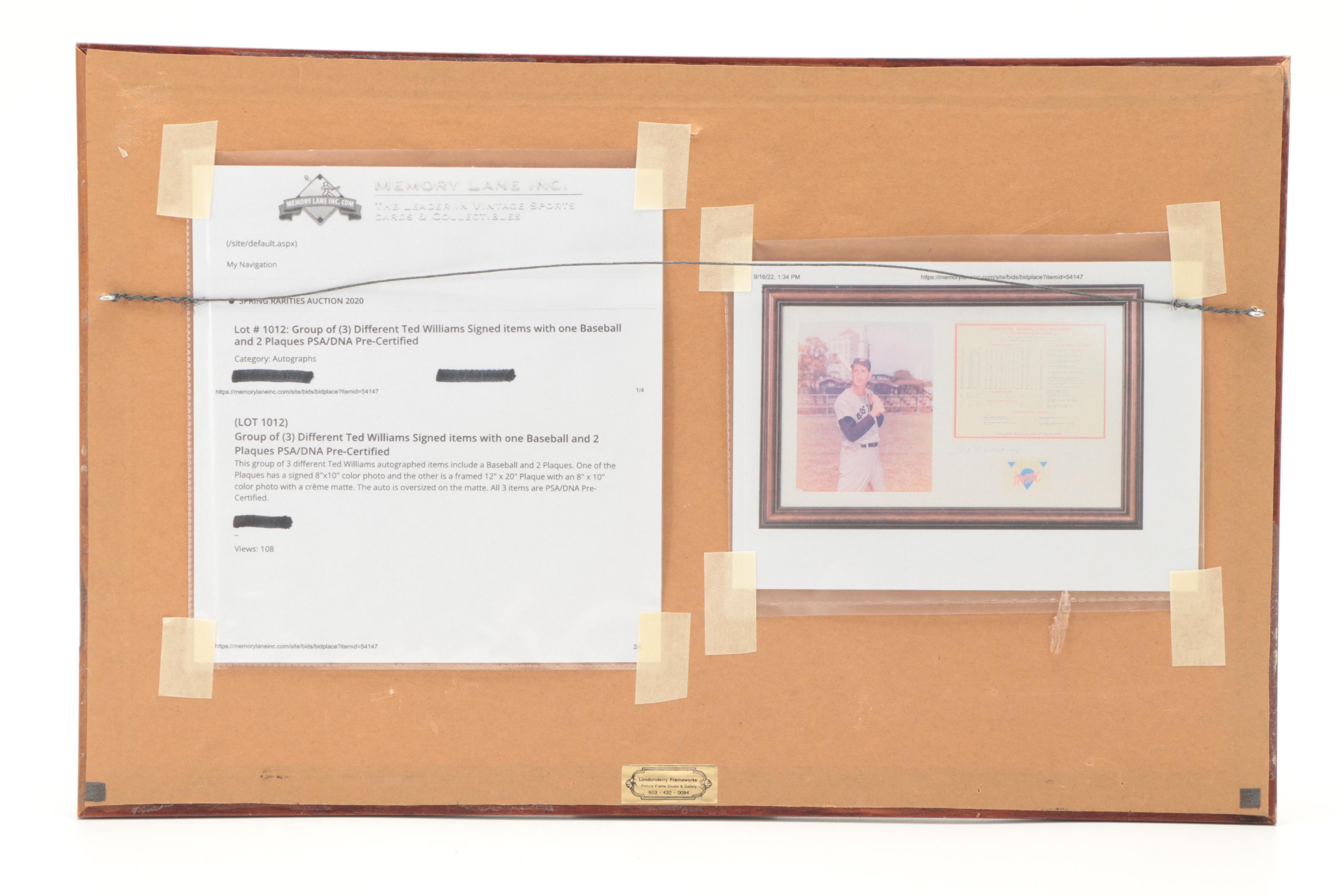 Boston Red Sox Ted Williams Signed Framed Giclée Print, Career Stats Sheet, More