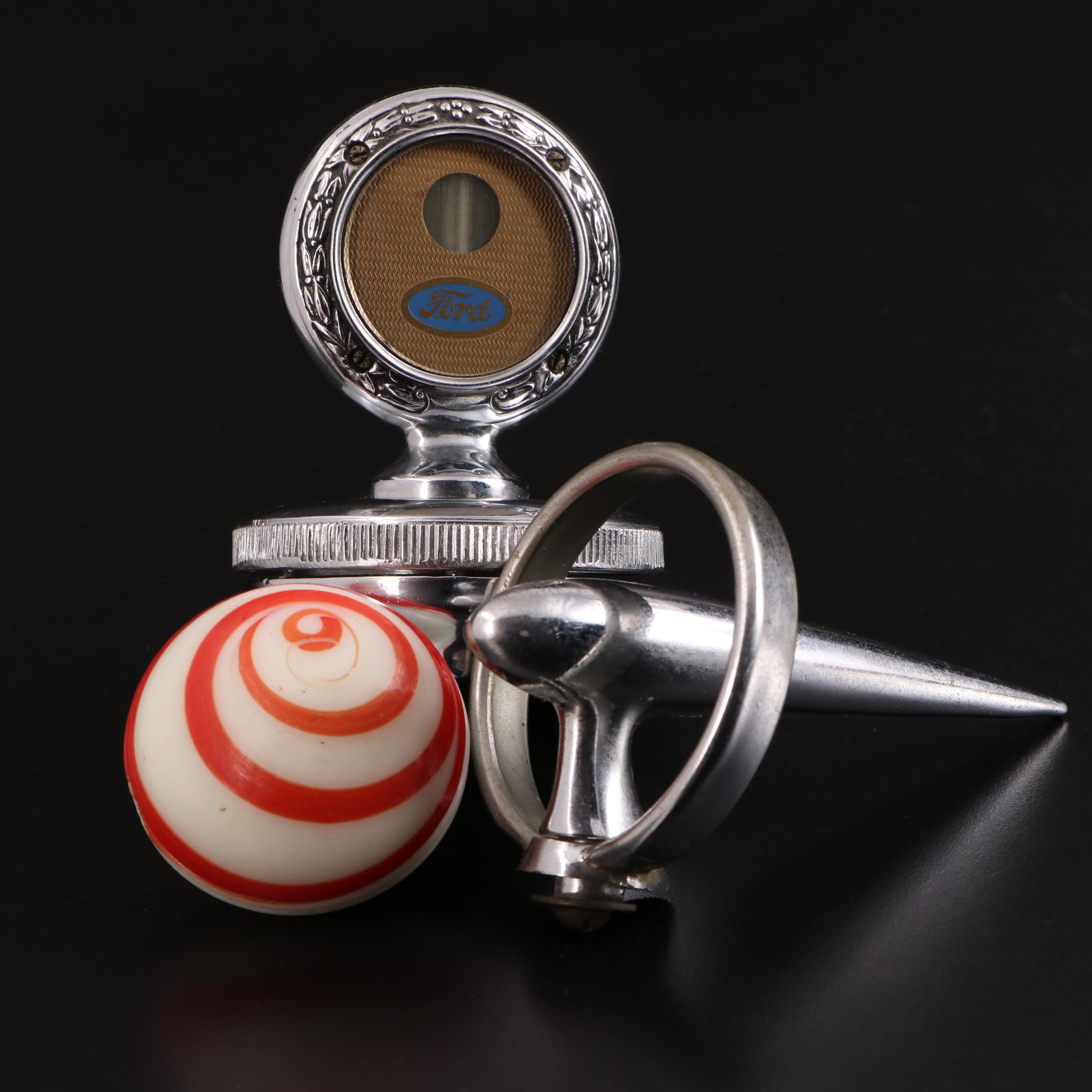 Ford Model A Repro Motometer with Swirl Glass Shift Knob and Deco Hood Ornament