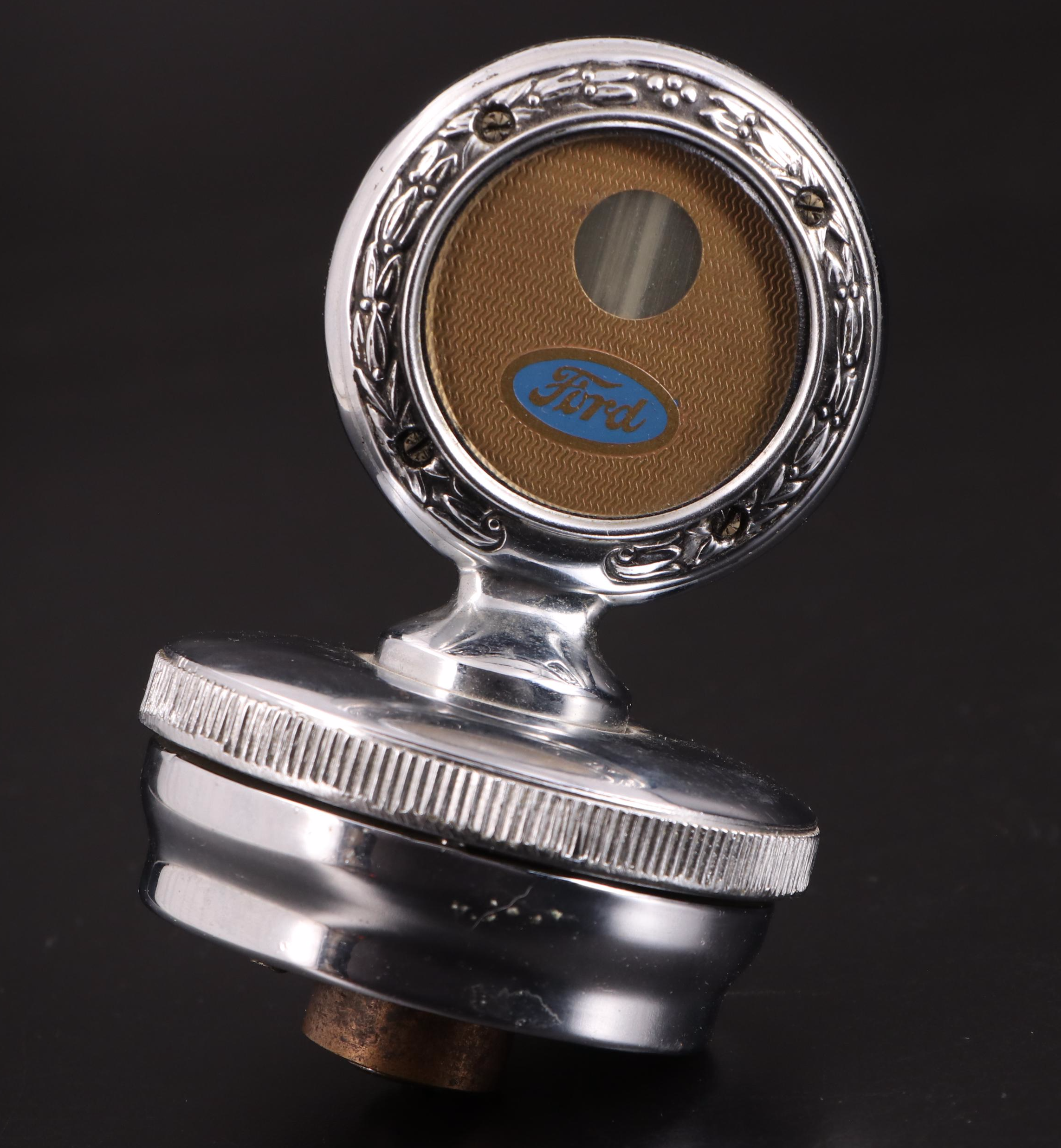 Ford Model A Repro Motometer with Swirl Glass Shift Knob and Deco Hood Ornament