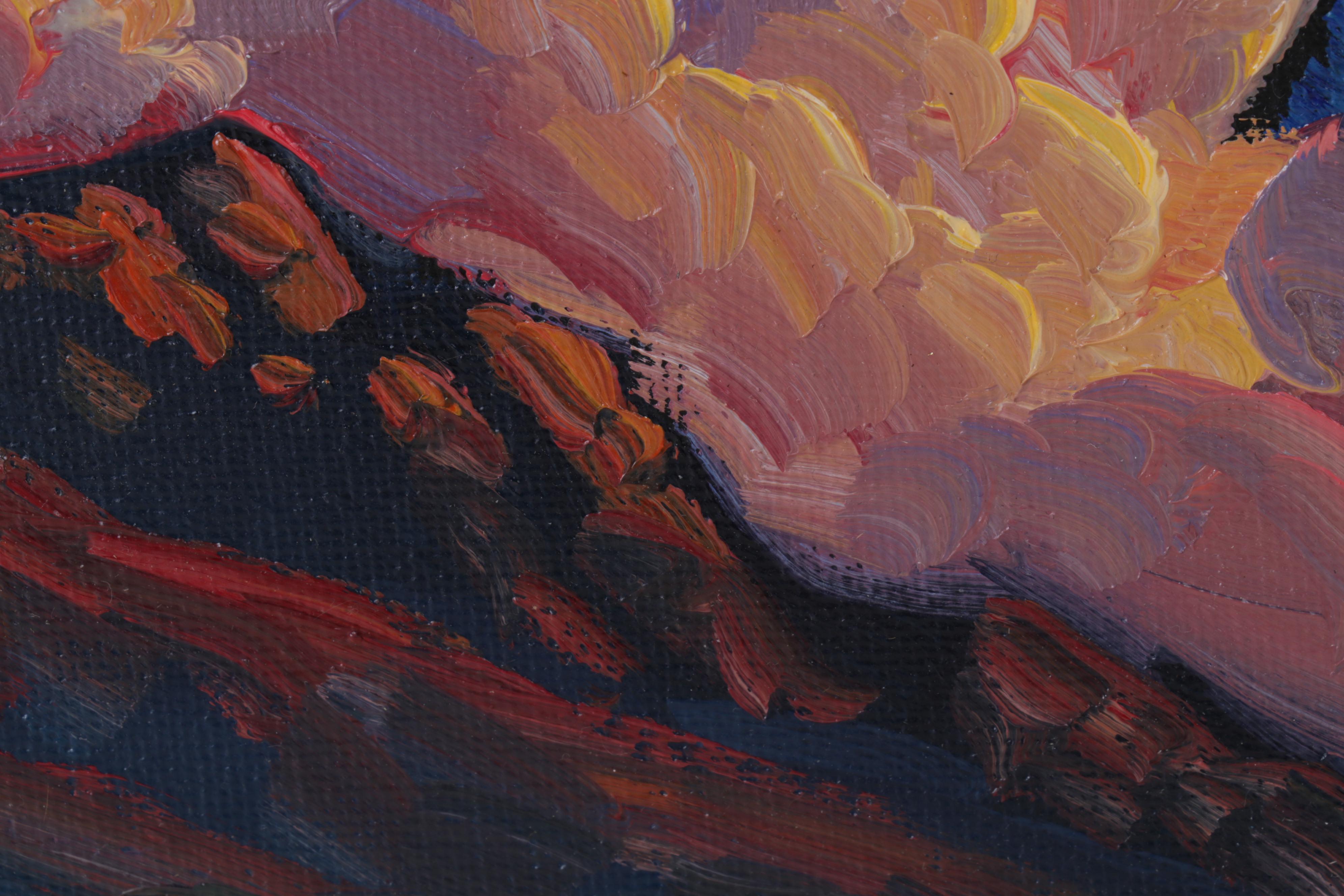 William Hawkins Oil Painting of Red Clouds Over Mountain, 21st Century