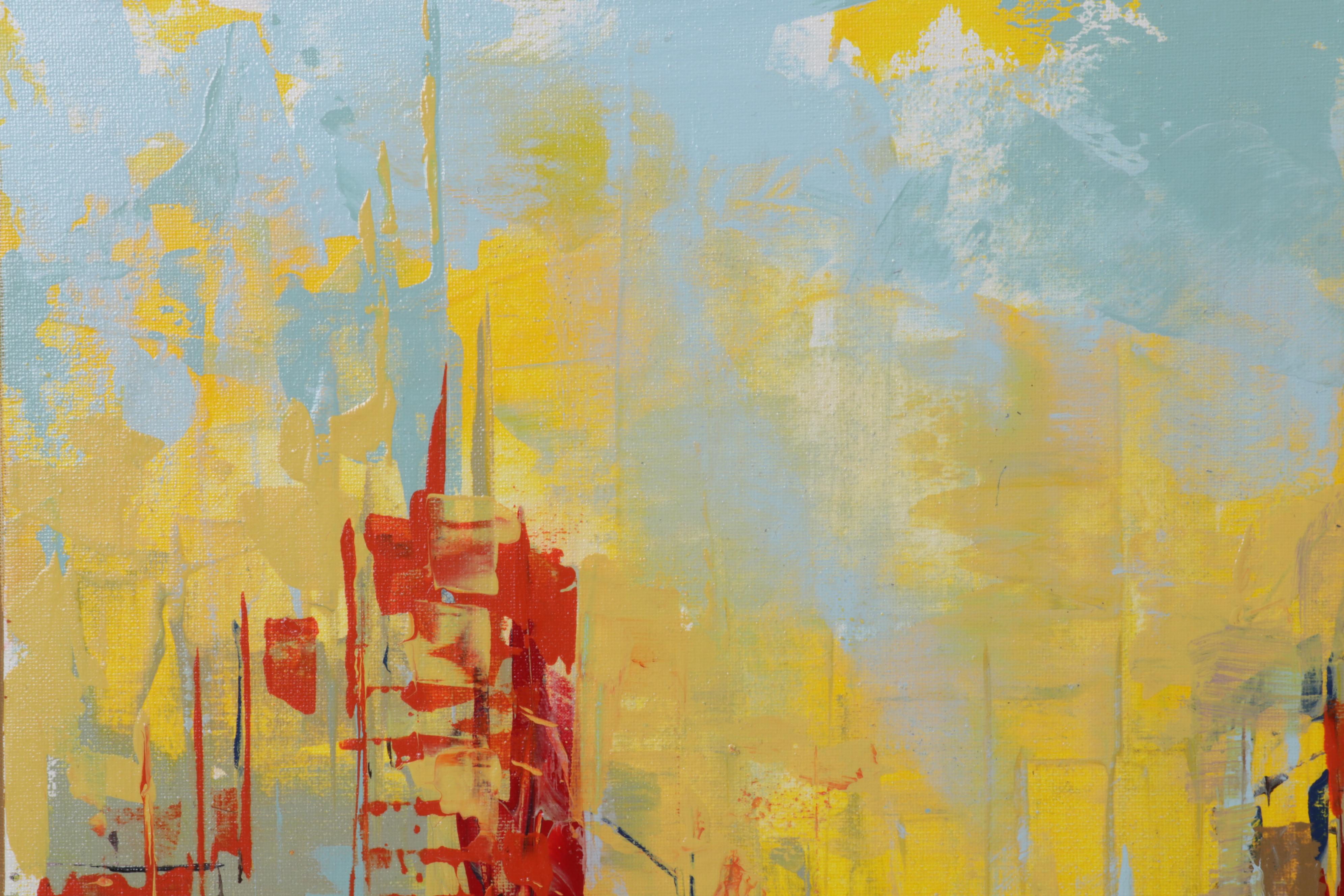 Farshad Lanjani Abstract Acyrlic Painting of City Street Scene, 21st Century