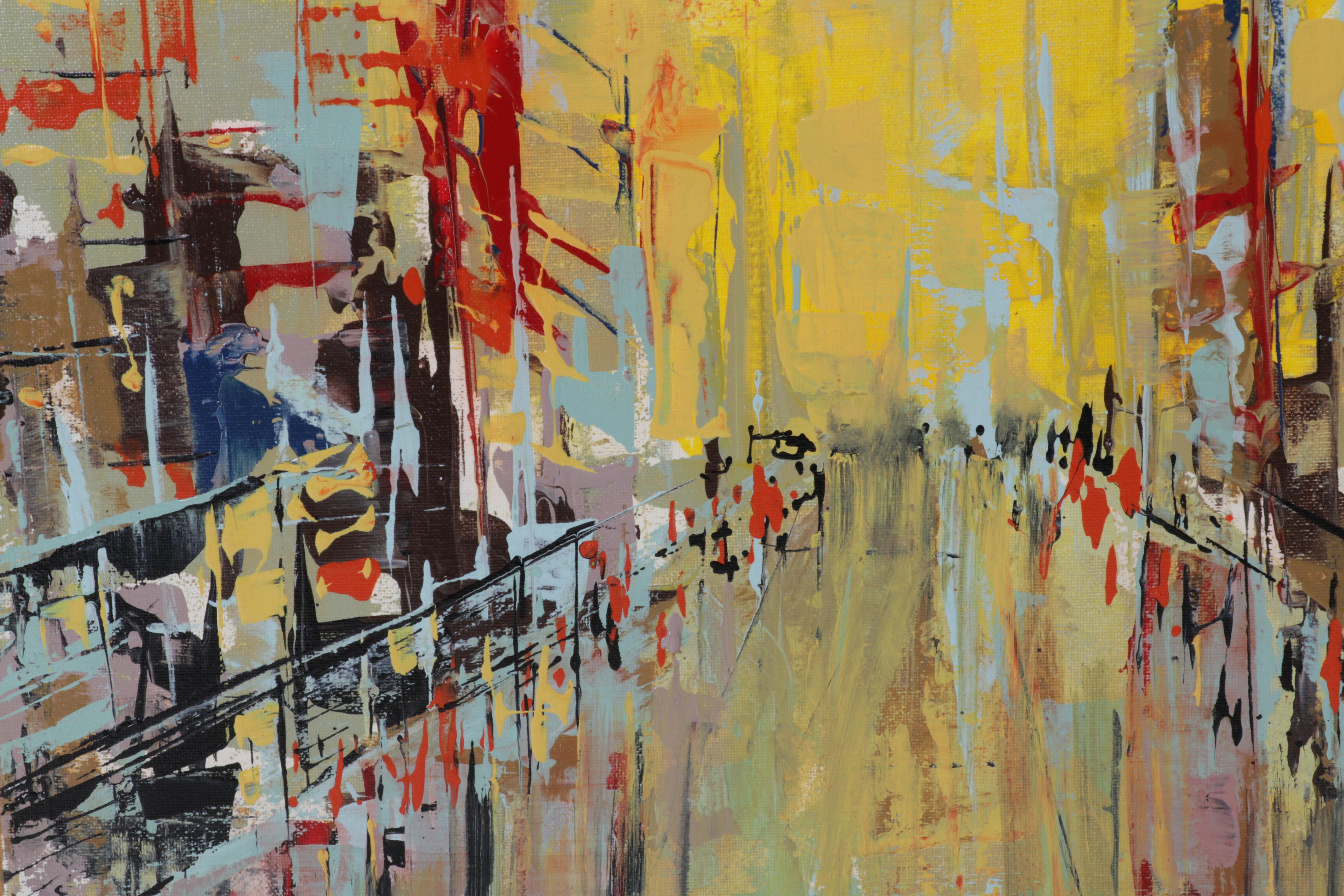 Farshad Lanjani Abstract Acyrlic Painting of City Street Scene, 21st Century