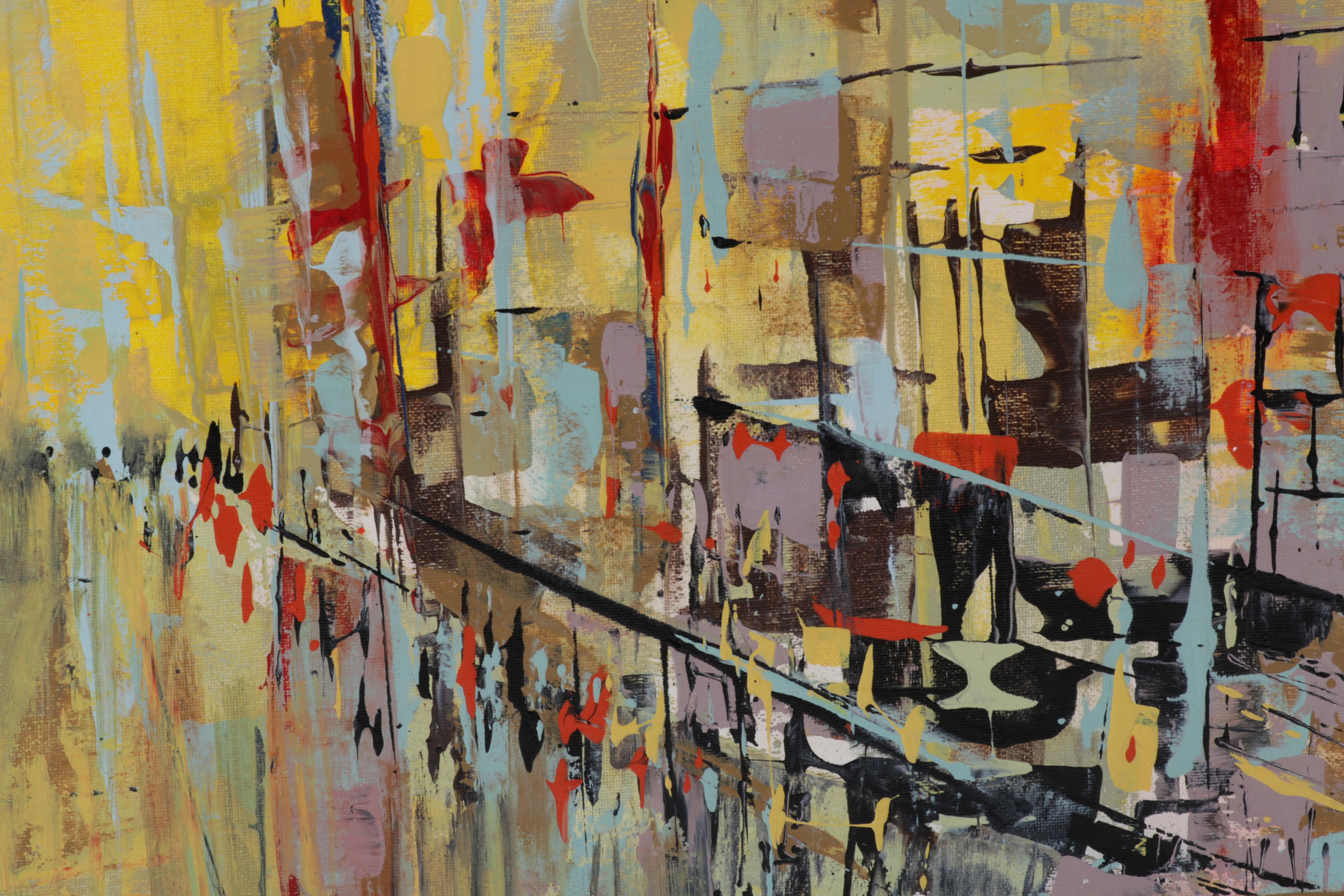 Farshad Lanjani Abstract Acyrlic Painting of City Street Scene, 21st Century