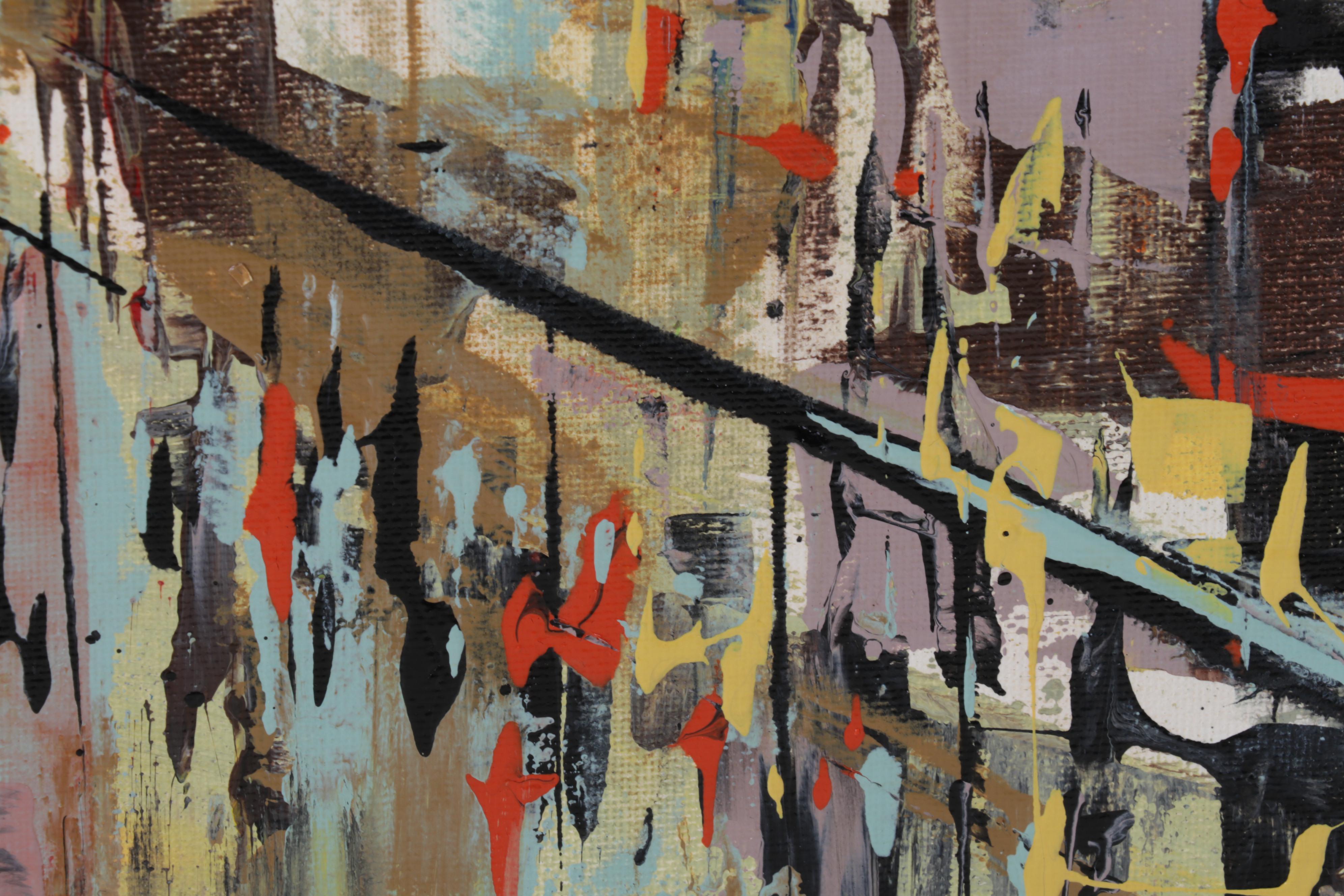 Farshad Lanjani Abstract Acyrlic Painting of City Street Scene, 21st Century