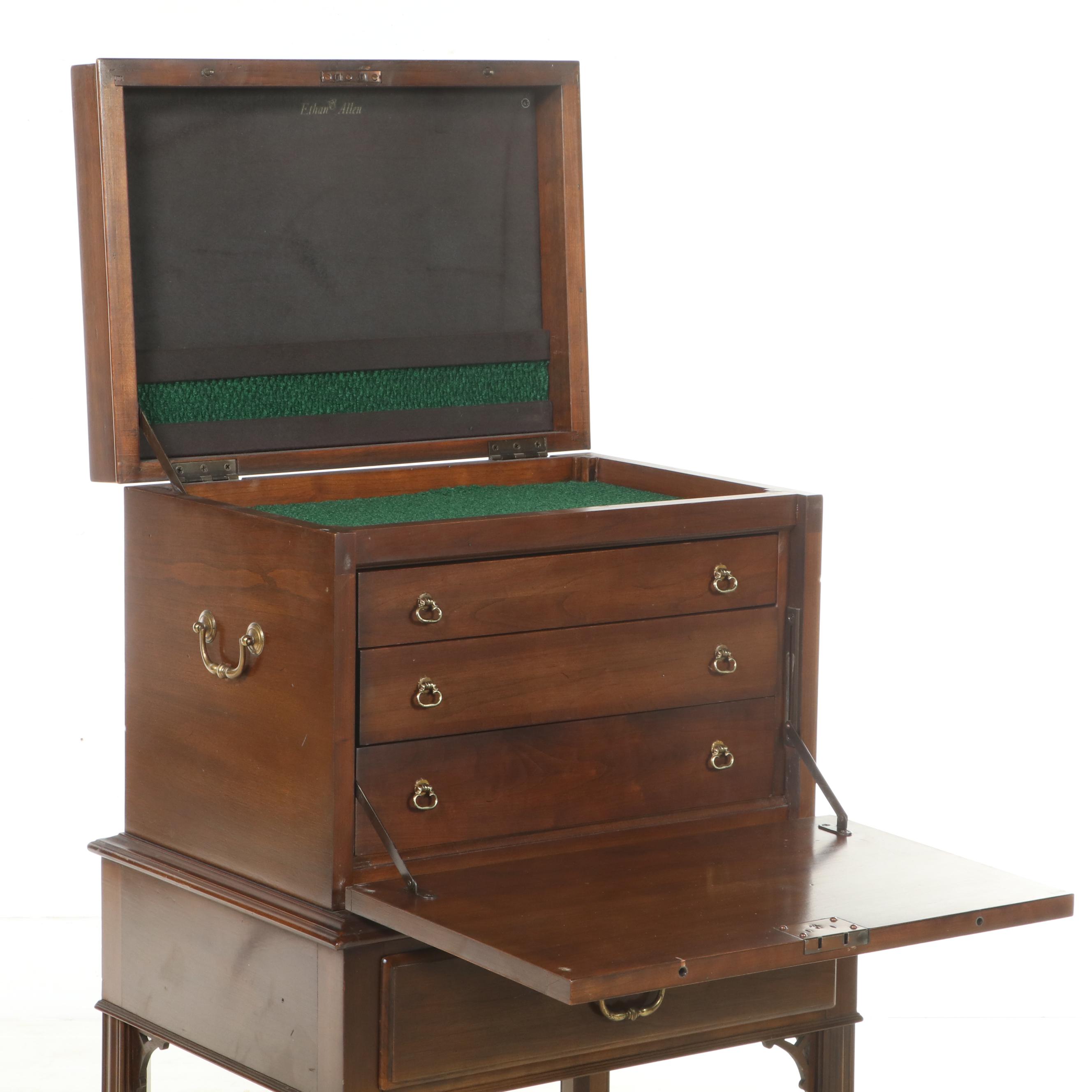 Ethan Allen Chippendale Style Cherrywood Silver Chest-on-Stand