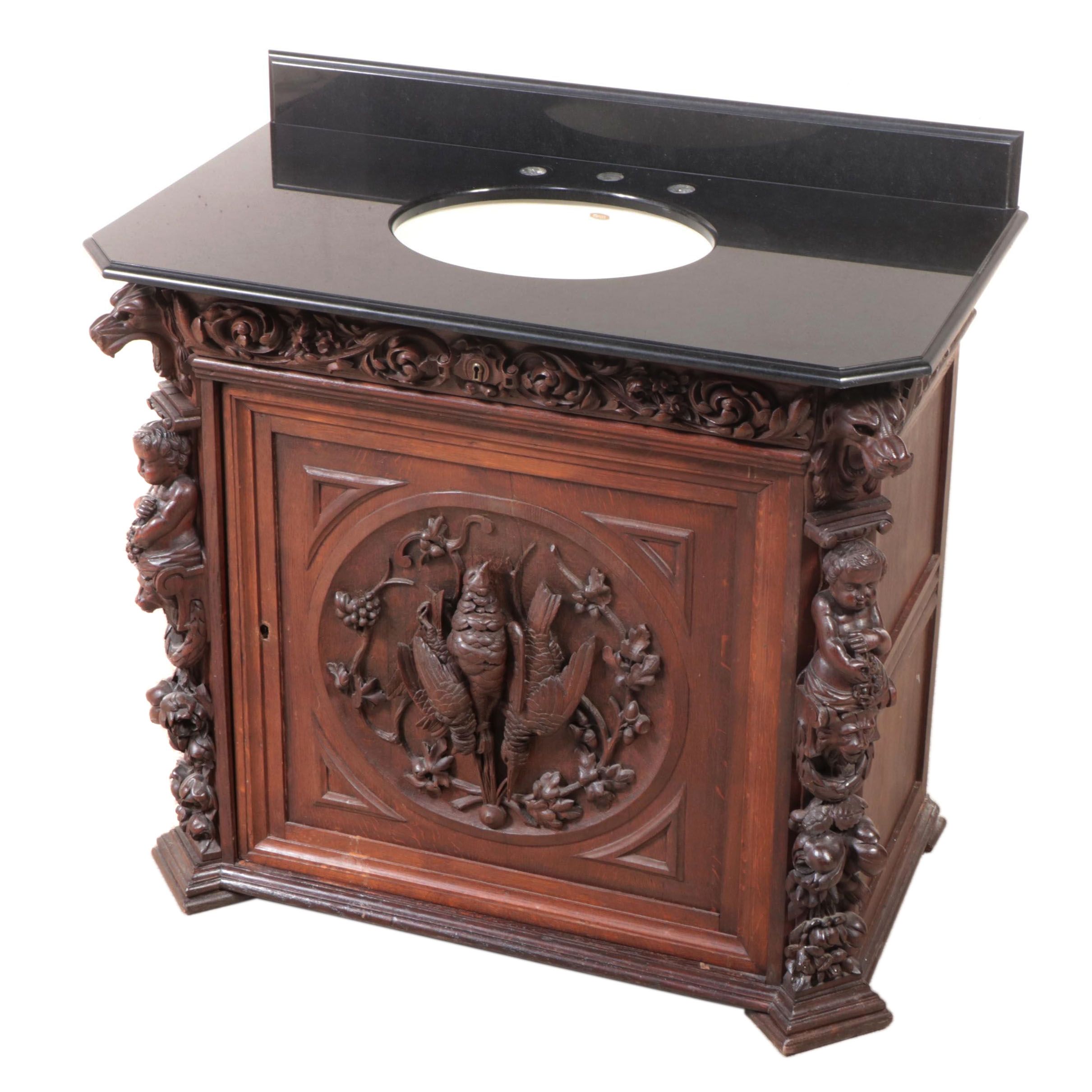 Renaissance Revival Carved Oak and Polished Stone Bathroom Vanity, Adapted
