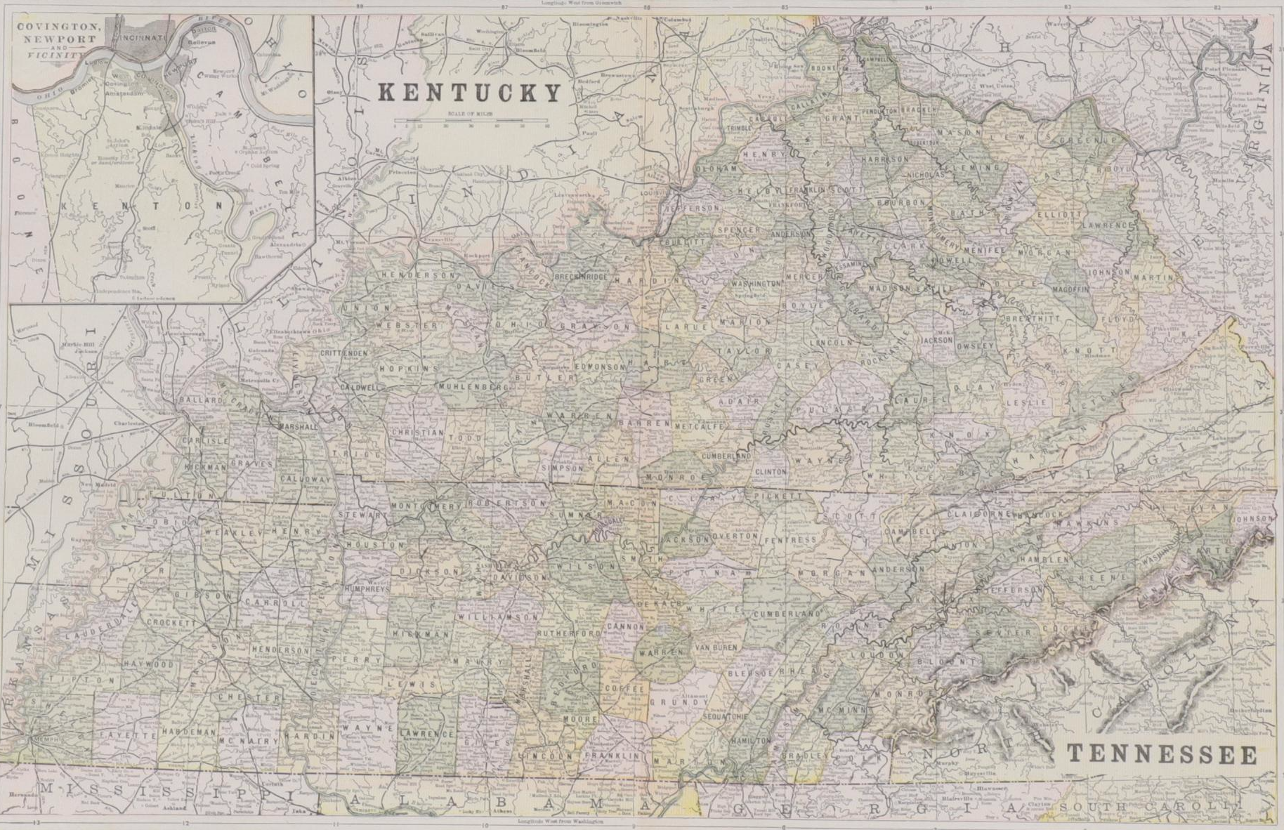 George F. Cram Wax Engraved Map of Kentucky, Circa 1898