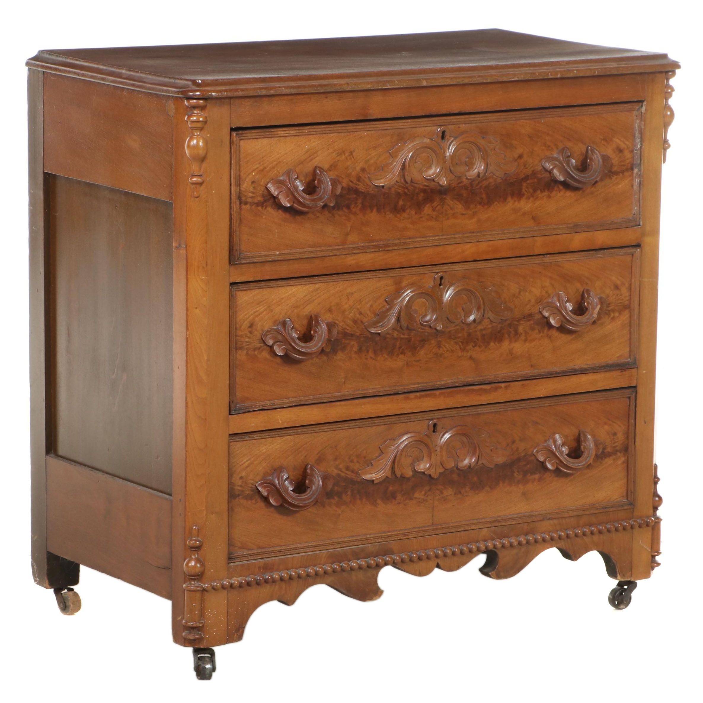 Victorian Walnut, Figured Walnut, and Poplar Three-Drawer Washstand