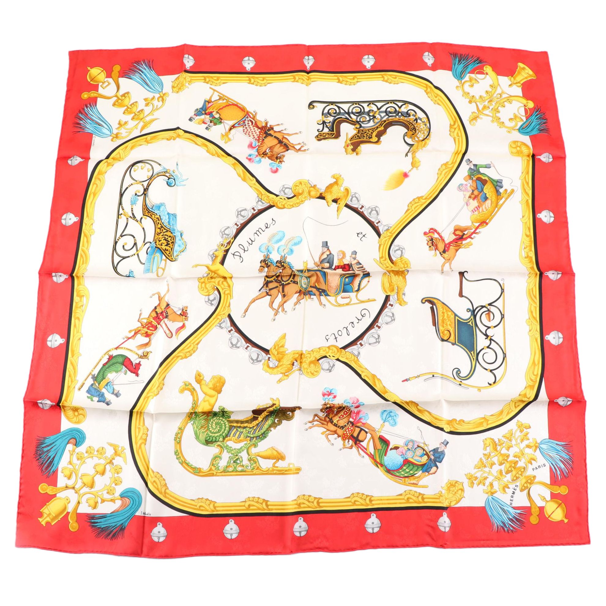 Hermès "Plumes et Grelots" Scarf 90 in Silk Jacquard Twill with Retail Sleeve