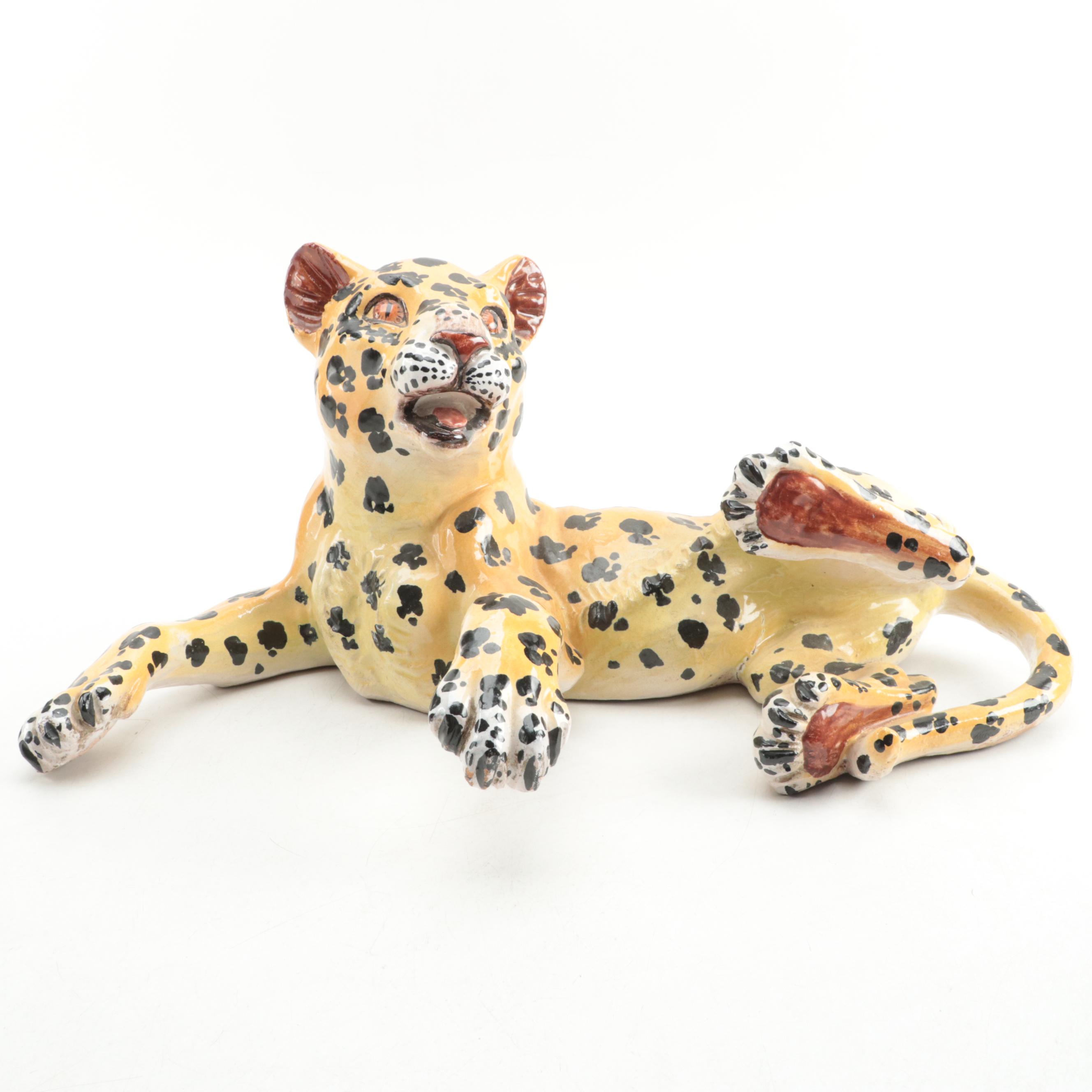 Italian Hand-Painted Ceramic Leopard Figurine