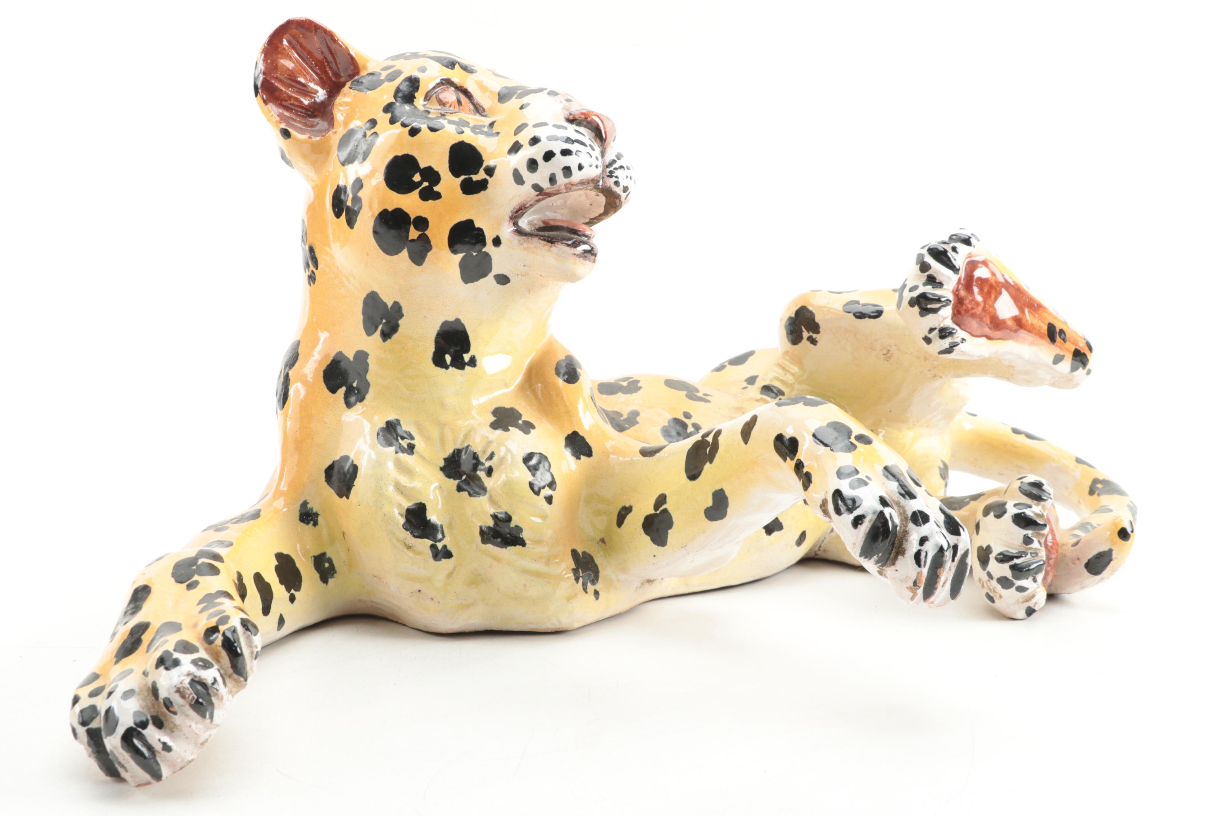 Italian Hand-Painted Ceramic Leopard Figurine