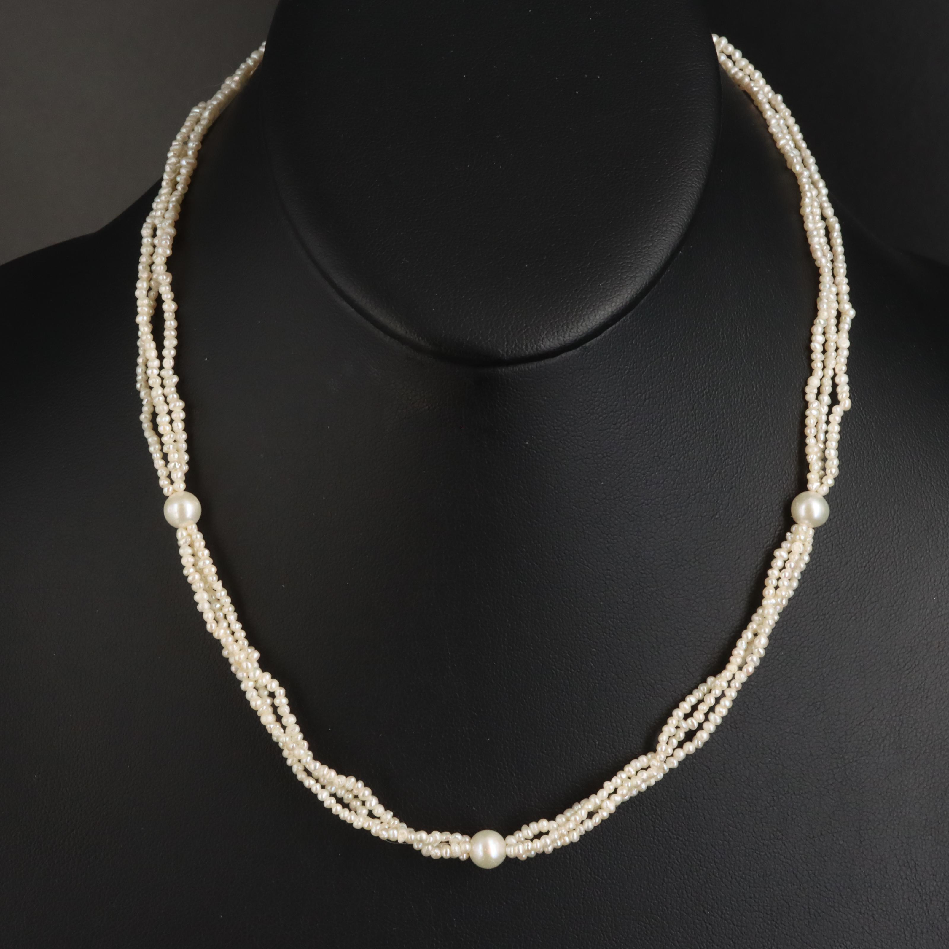 Triple Strand Seed Pearl Necklace with Pearl Stations and 14K Clasp