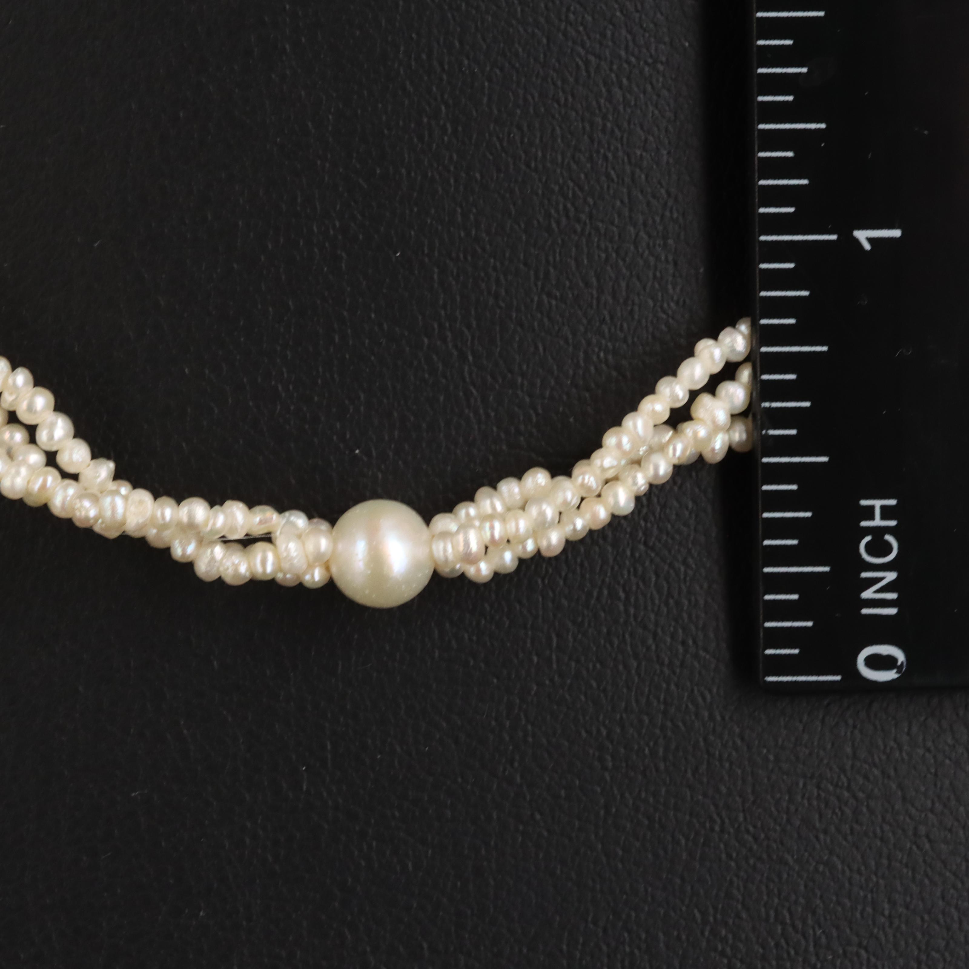 Triple Strand Seed Pearl Necklace with Pearl Stations and 14K Clasp