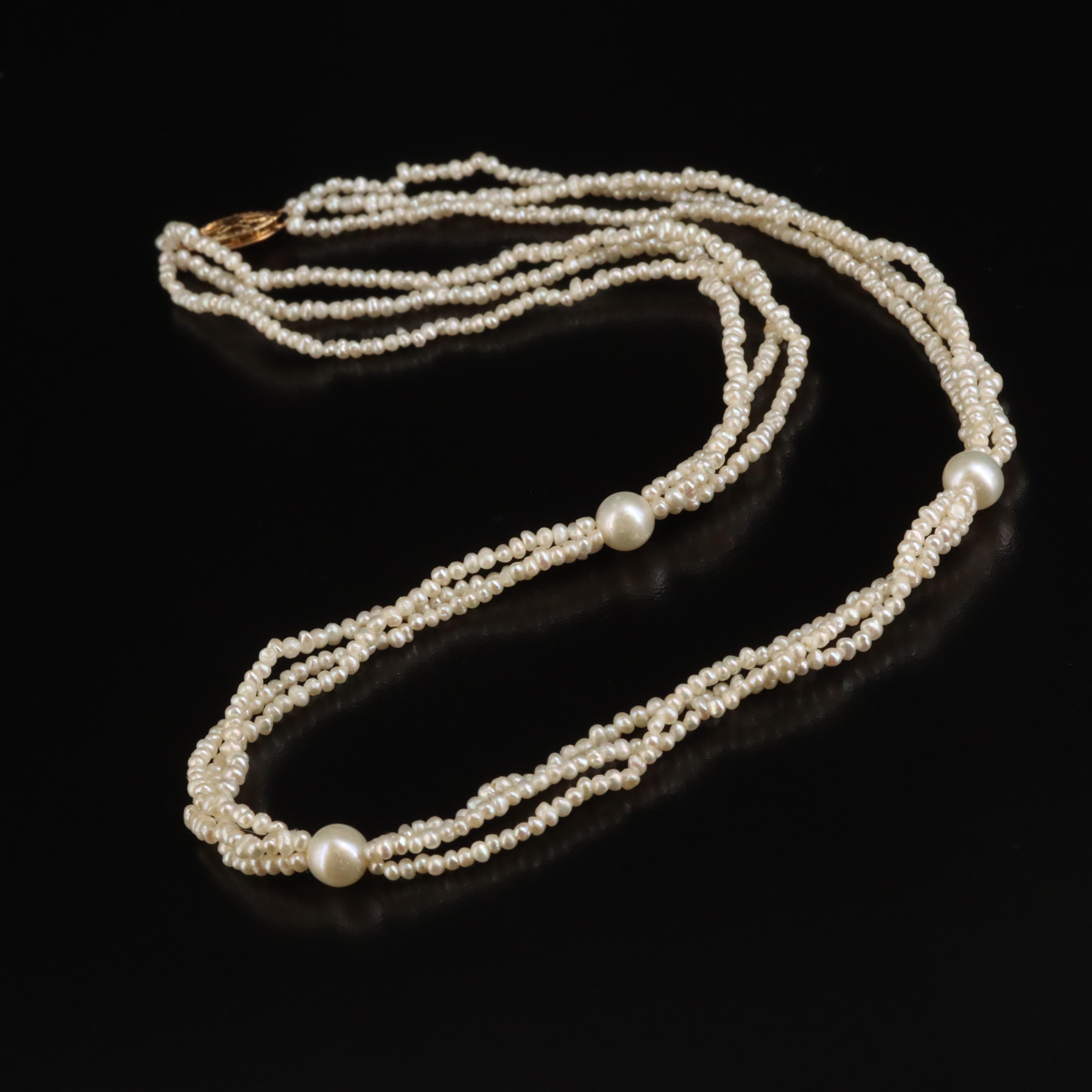 Triple Strand Seed Pearl Necklace with Pearl Stations and 14K Clasp