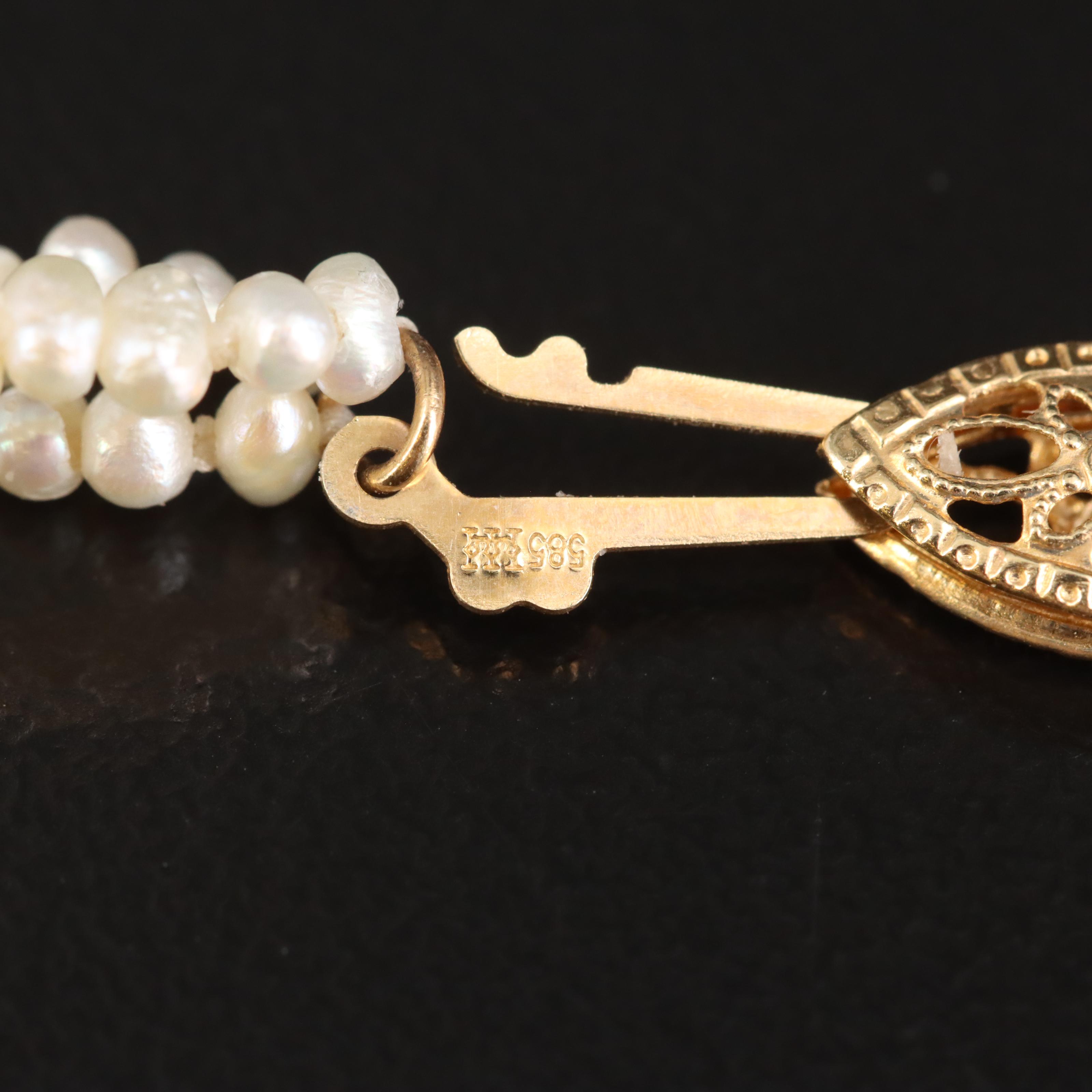Triple Strand Seed Pearl Necklace with Pearl Stations and 14K Clasp