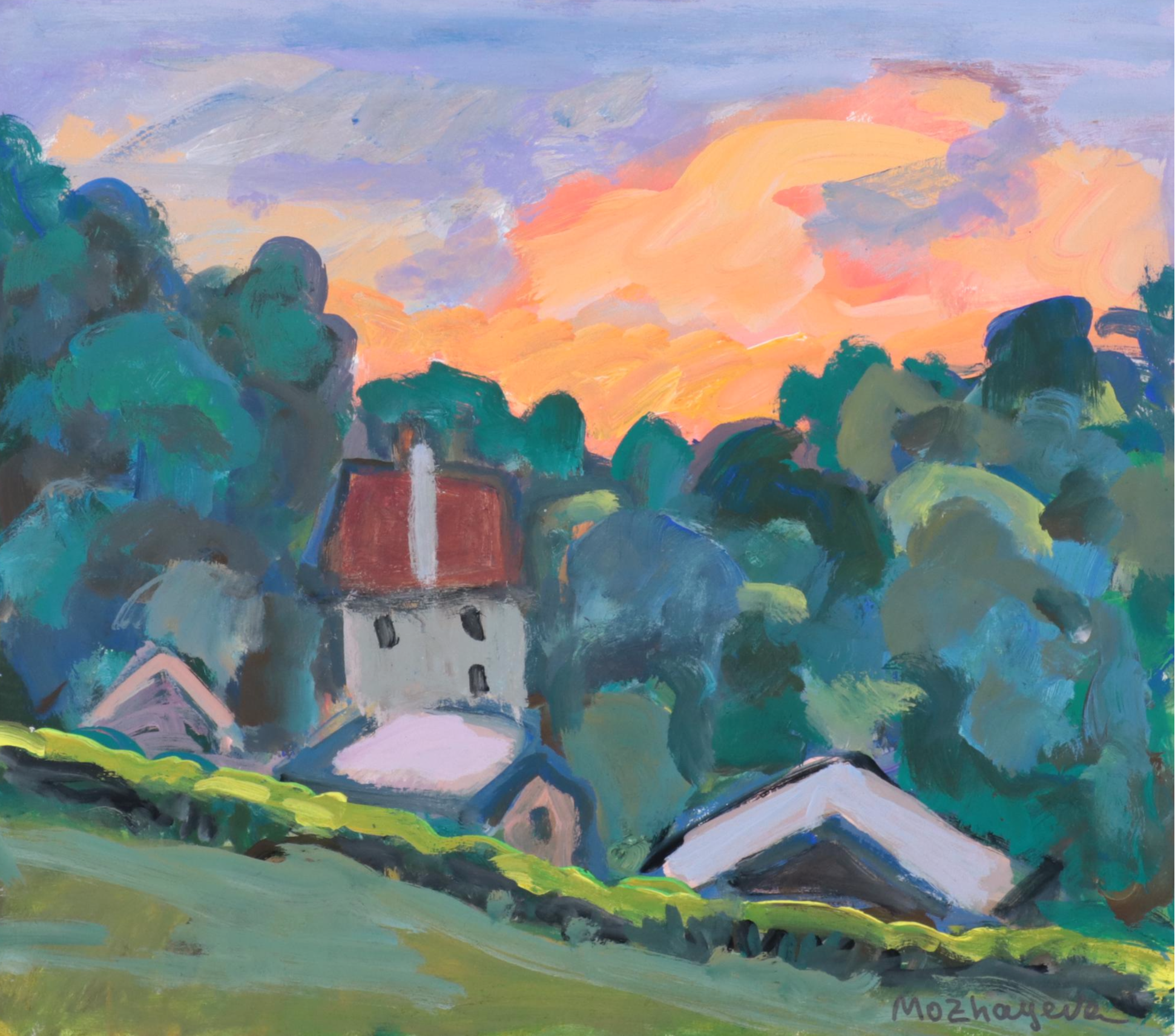 Marina Mozhayeva Acrylic Painting of Houses in Landscape, 2017