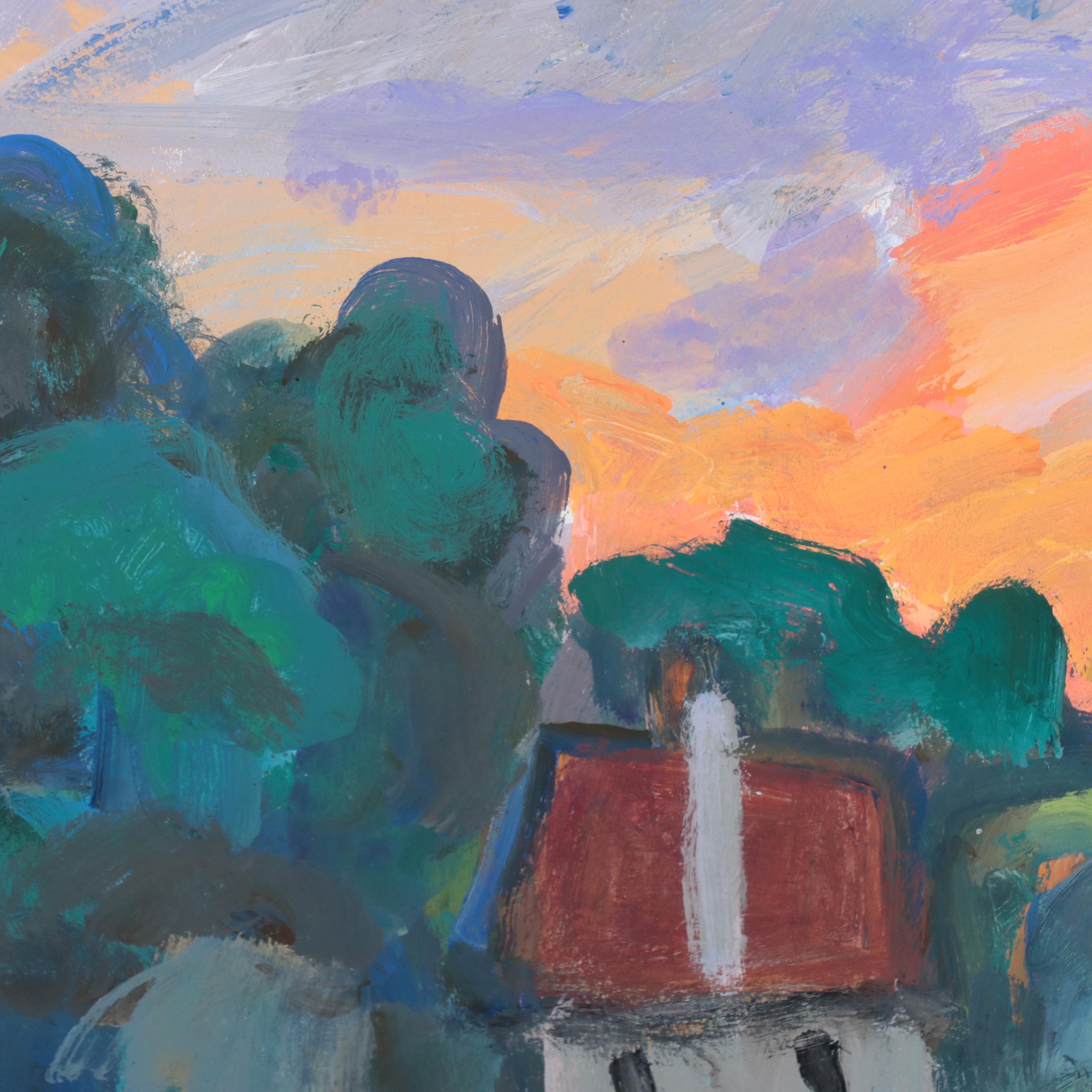 Marina Mozhayeva Acrylic Painting of Houses in Landscape, 2017