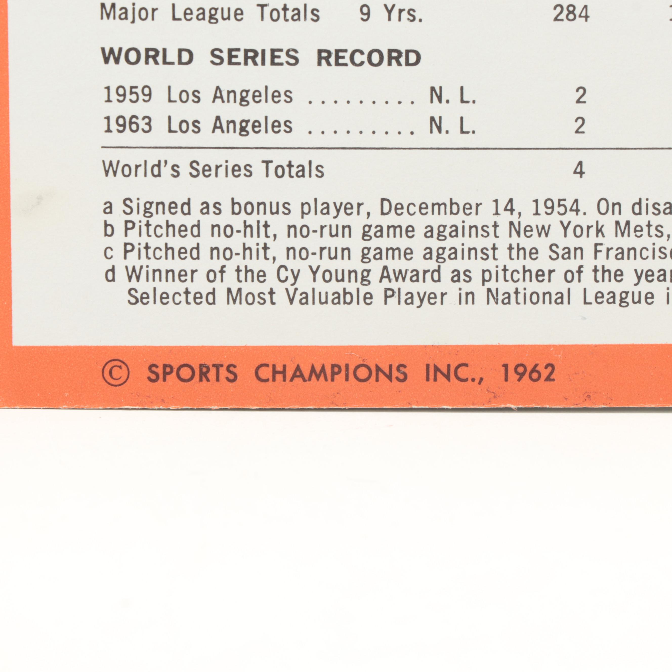 1964 Auravision Sandy Koufax Baseball Record Sleeve Trading Cards