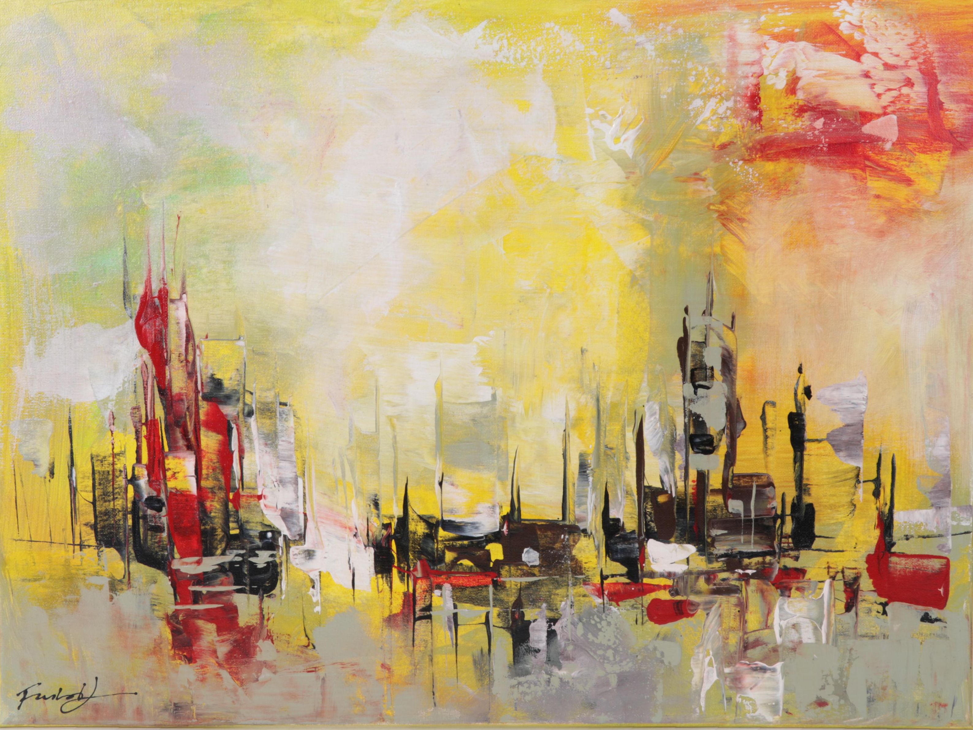 Farshad Lanjani Abstract Cityscape Acrylic Painting, 21st Century