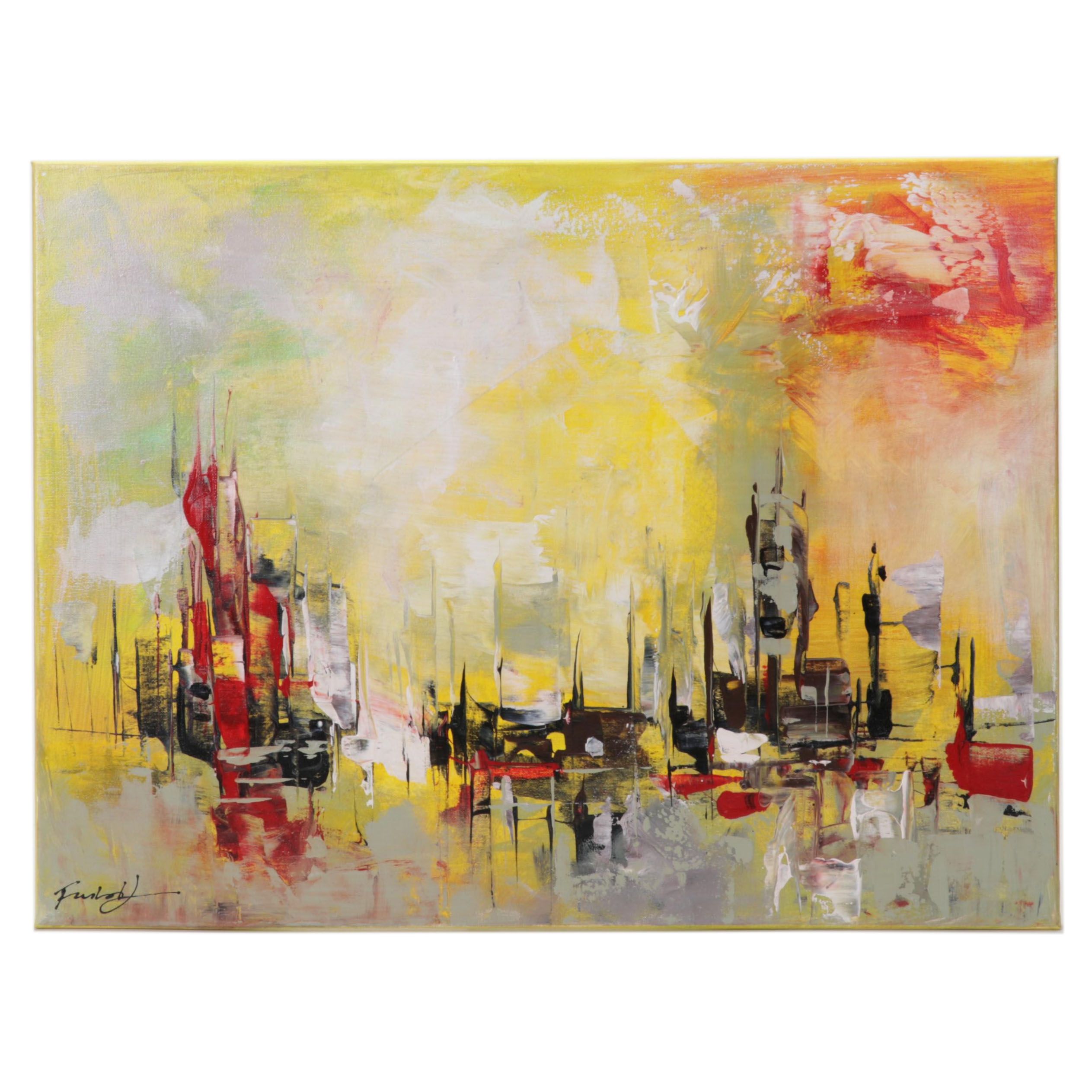 Farshad Lanjani Abstract Cityscape Acrylic Painting, 21st Century