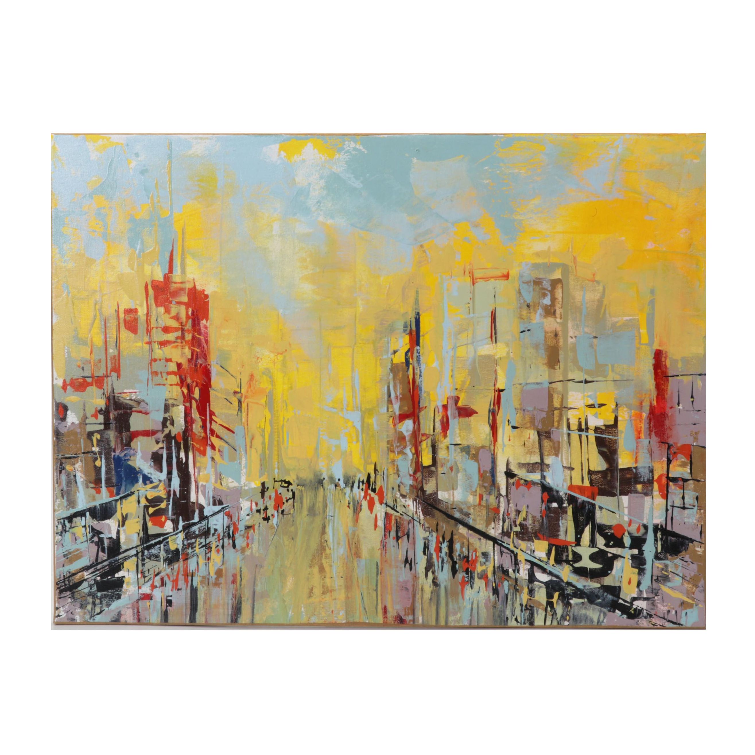 Farshad Lanjani Abstract Acyrlic Painting of City Street Scene, 21st Century