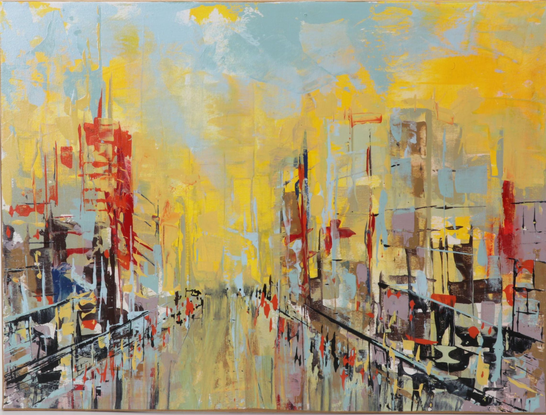 Farshad Lanjani Abstract Acyrlic Painting of City Street Scene, 21st Century