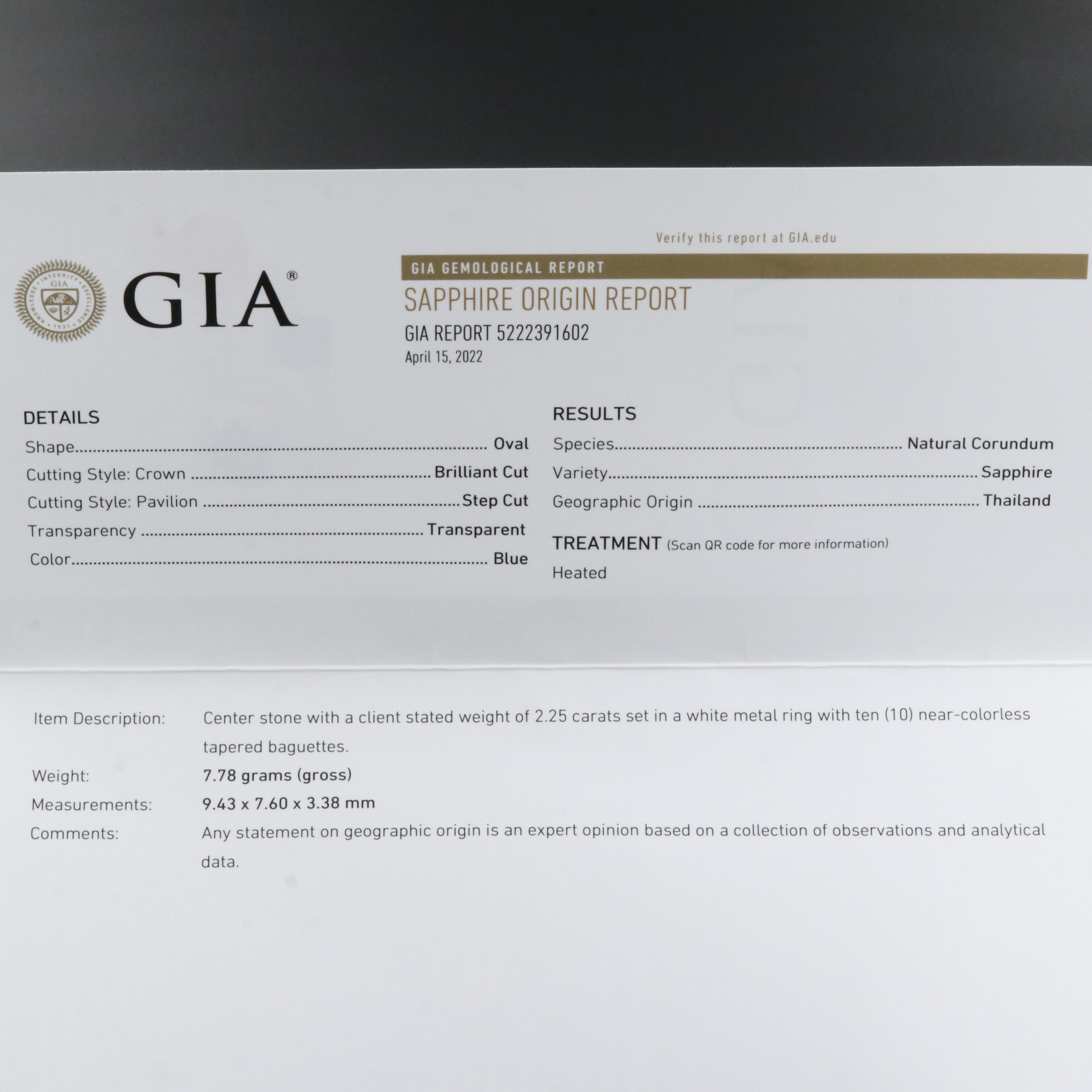 Platinum 2.25 CT Thai Sapphire and Diamond Ring with GIA Report