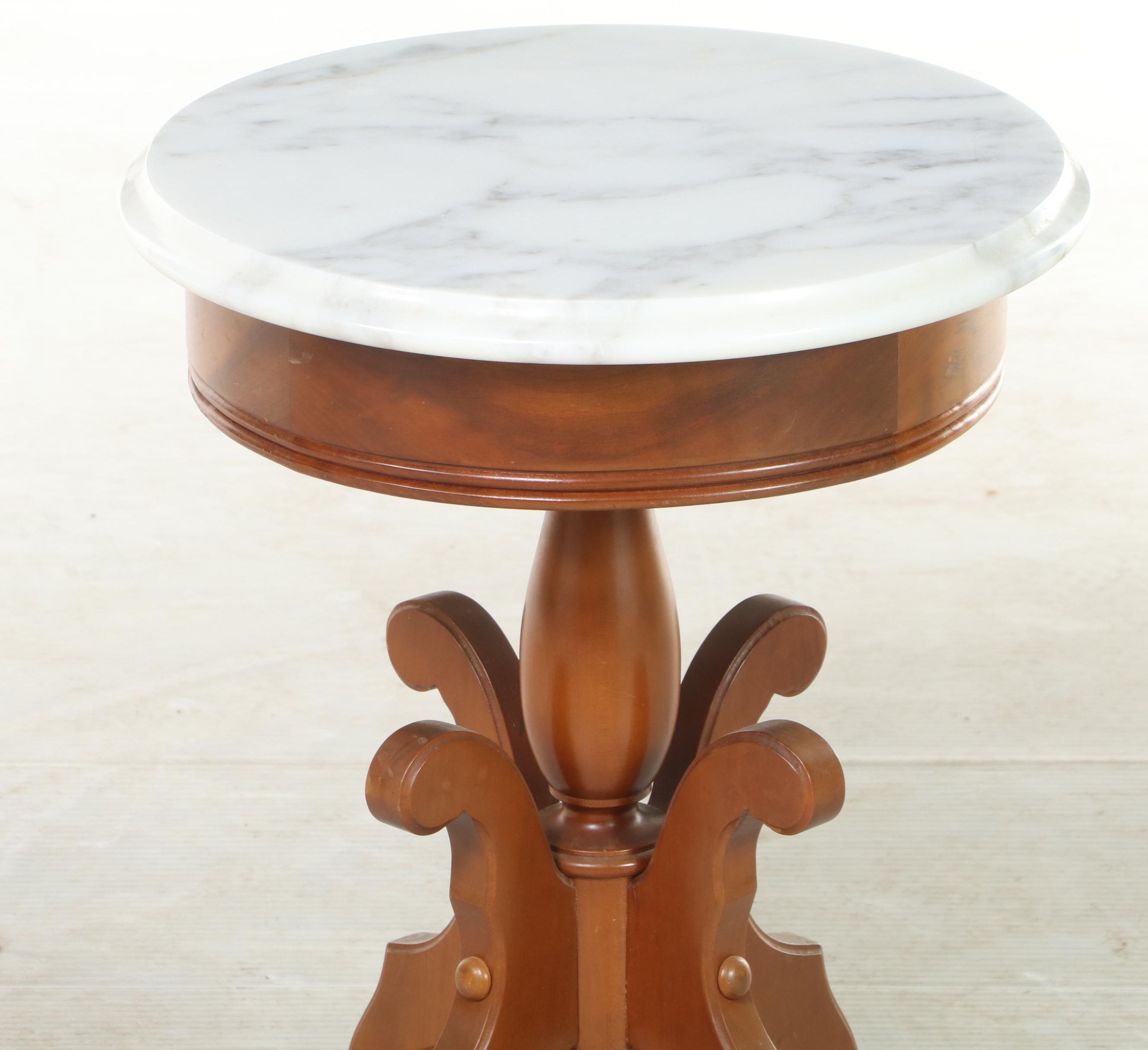 Victorian Style Cherrywood and White Marble Side Table, Mid to Late 20th Century
