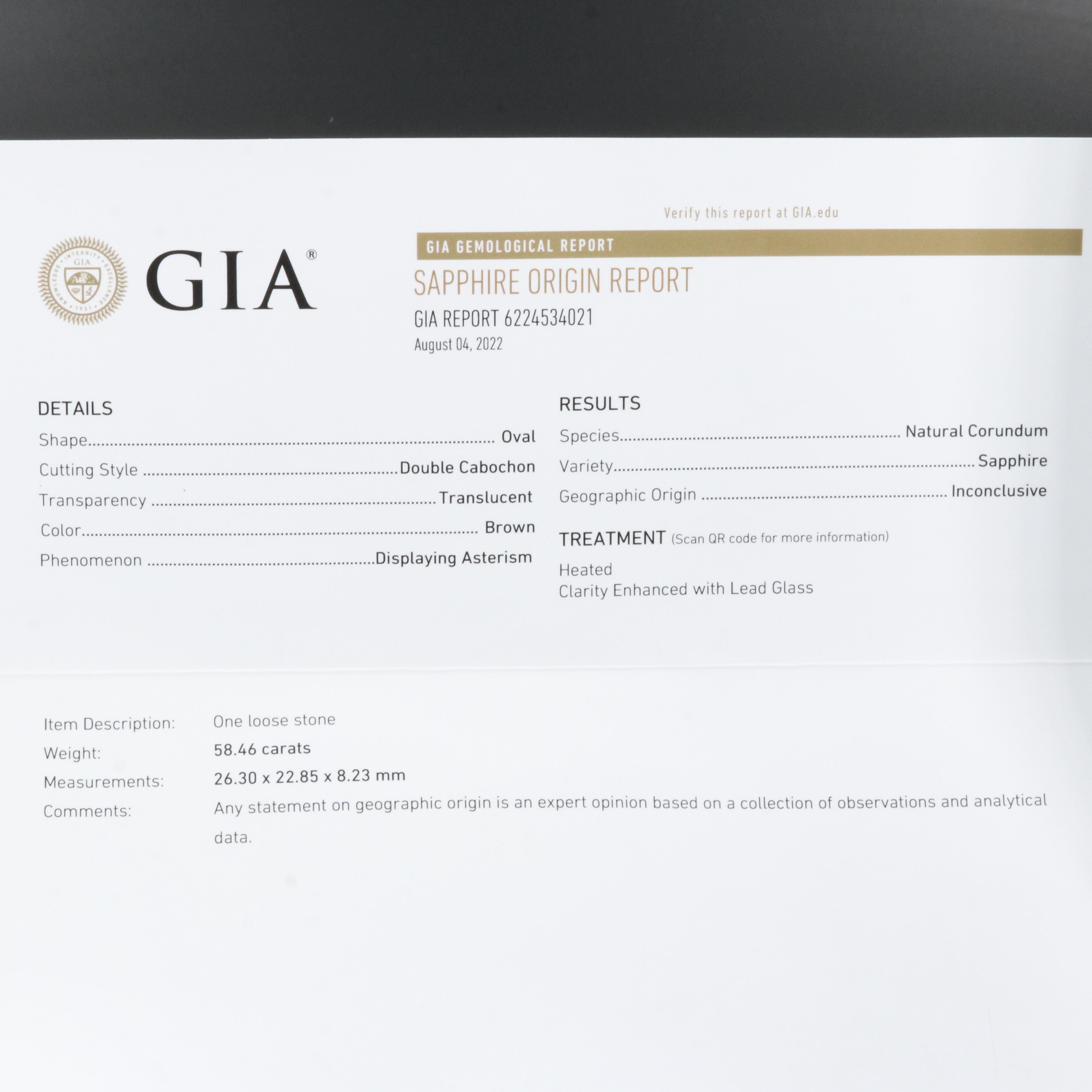 14K 58.46 CT Star Sapphire Ring with GIA Report