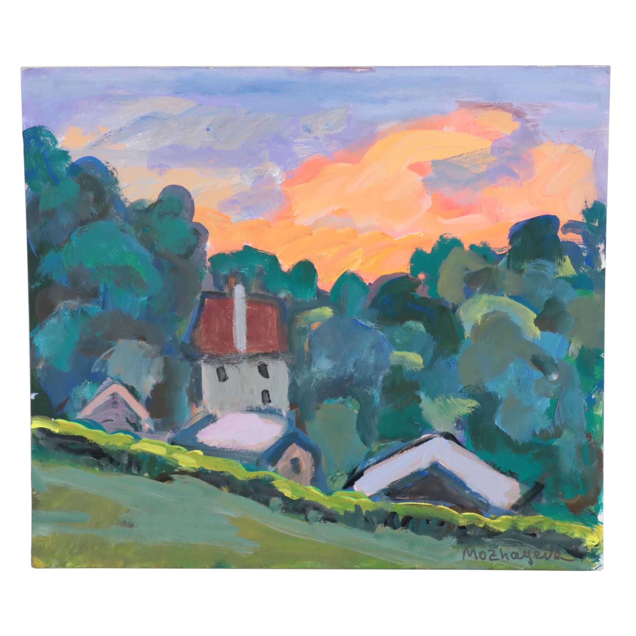 Marina Mozhayeva Acrylic Painting of Houses in Landscape, 2017